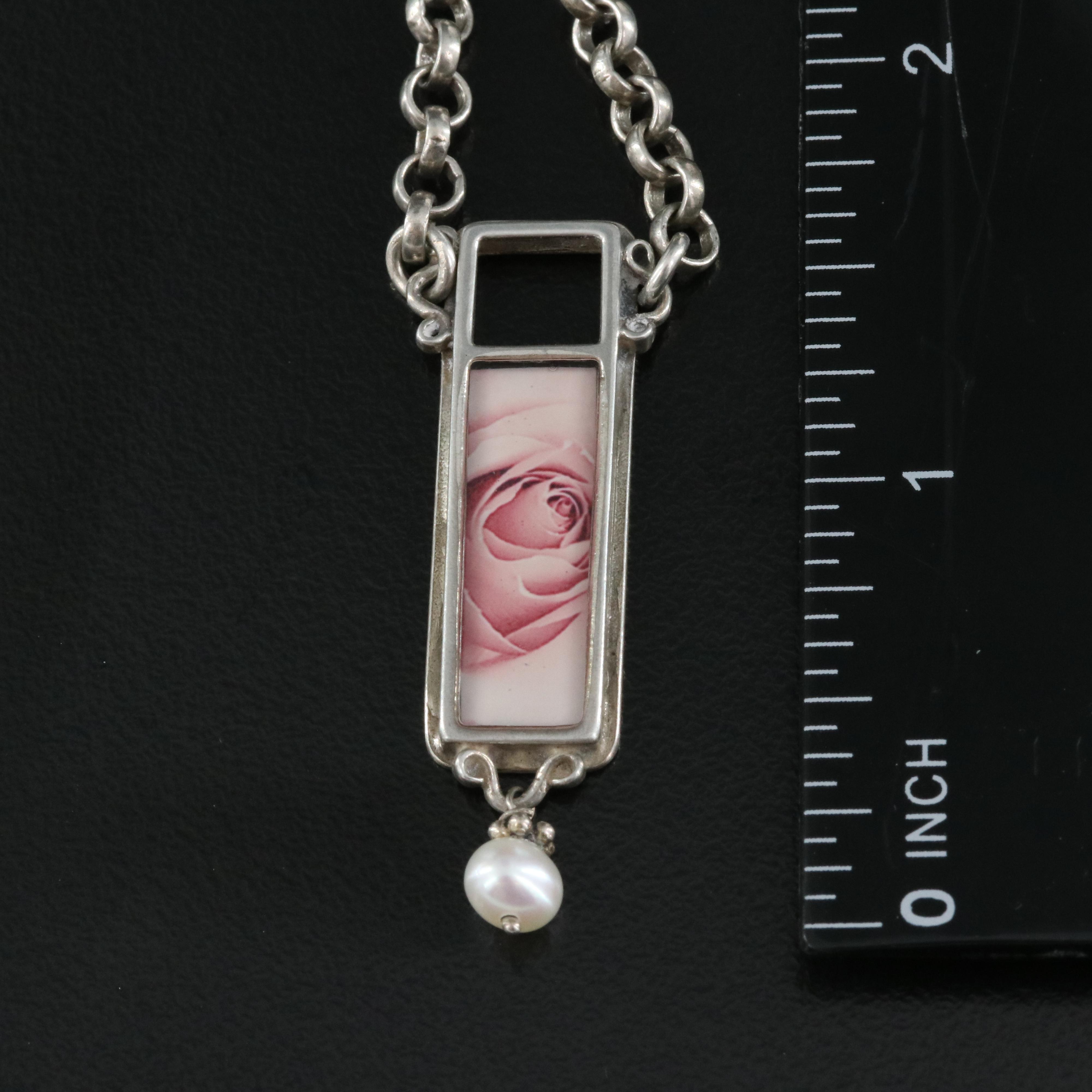 Sterling Rose Pendant and Pearl Drop Necklace