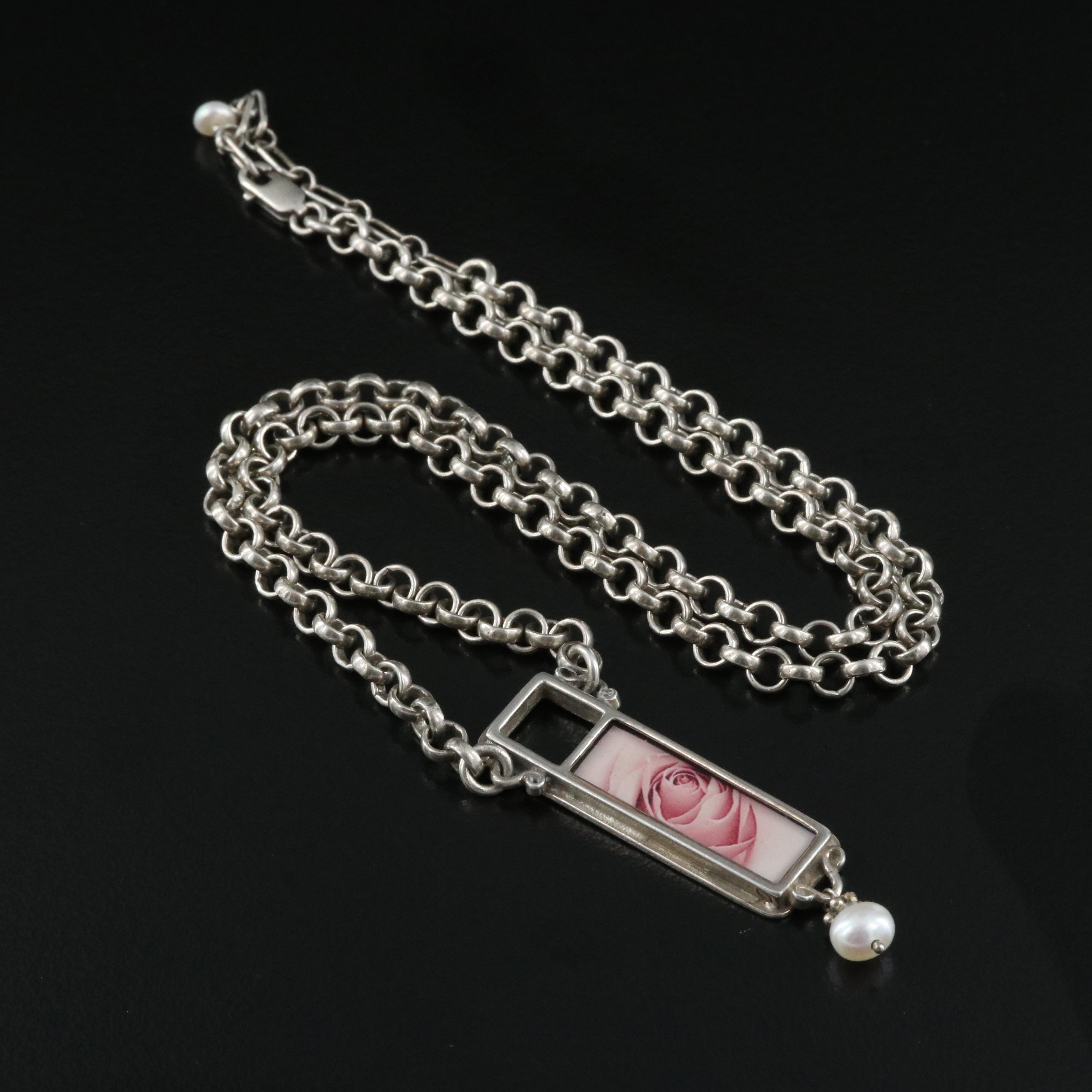 Sterling Rose Pendant and Pearl Drop Necklace