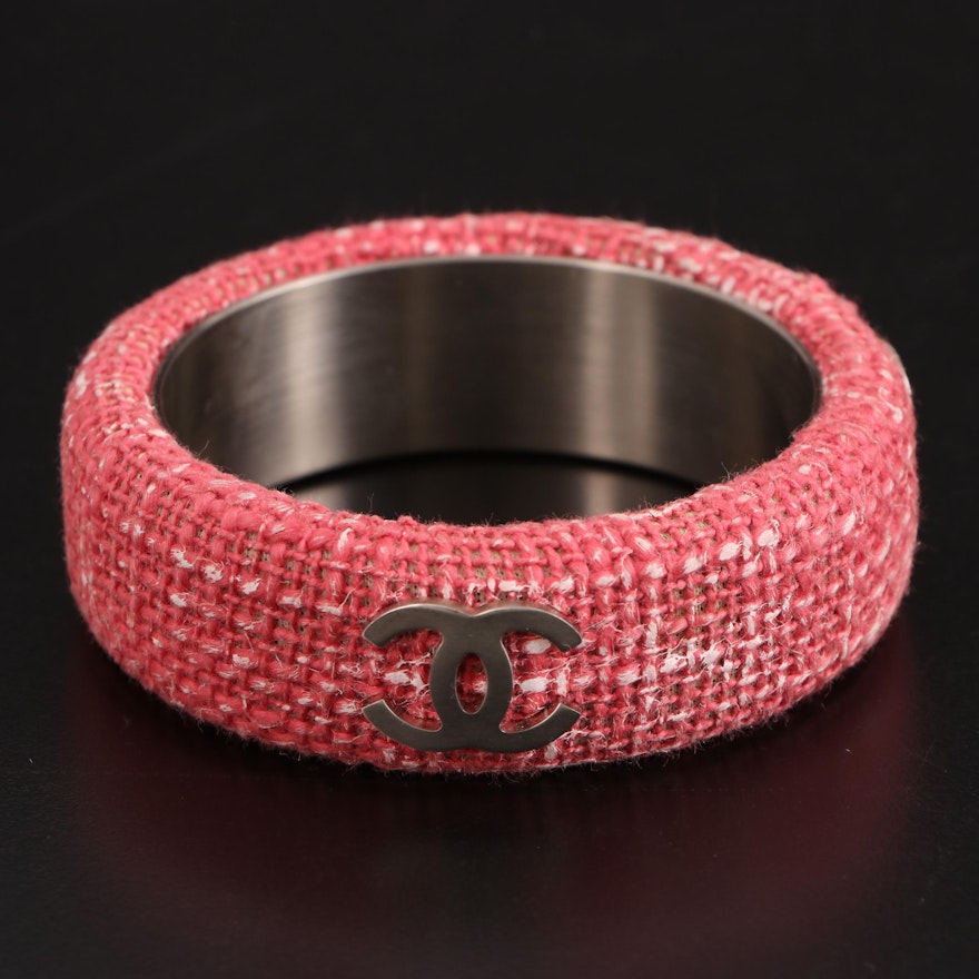 Chanel Wide CC Bangle in Metal and Pink Tweed