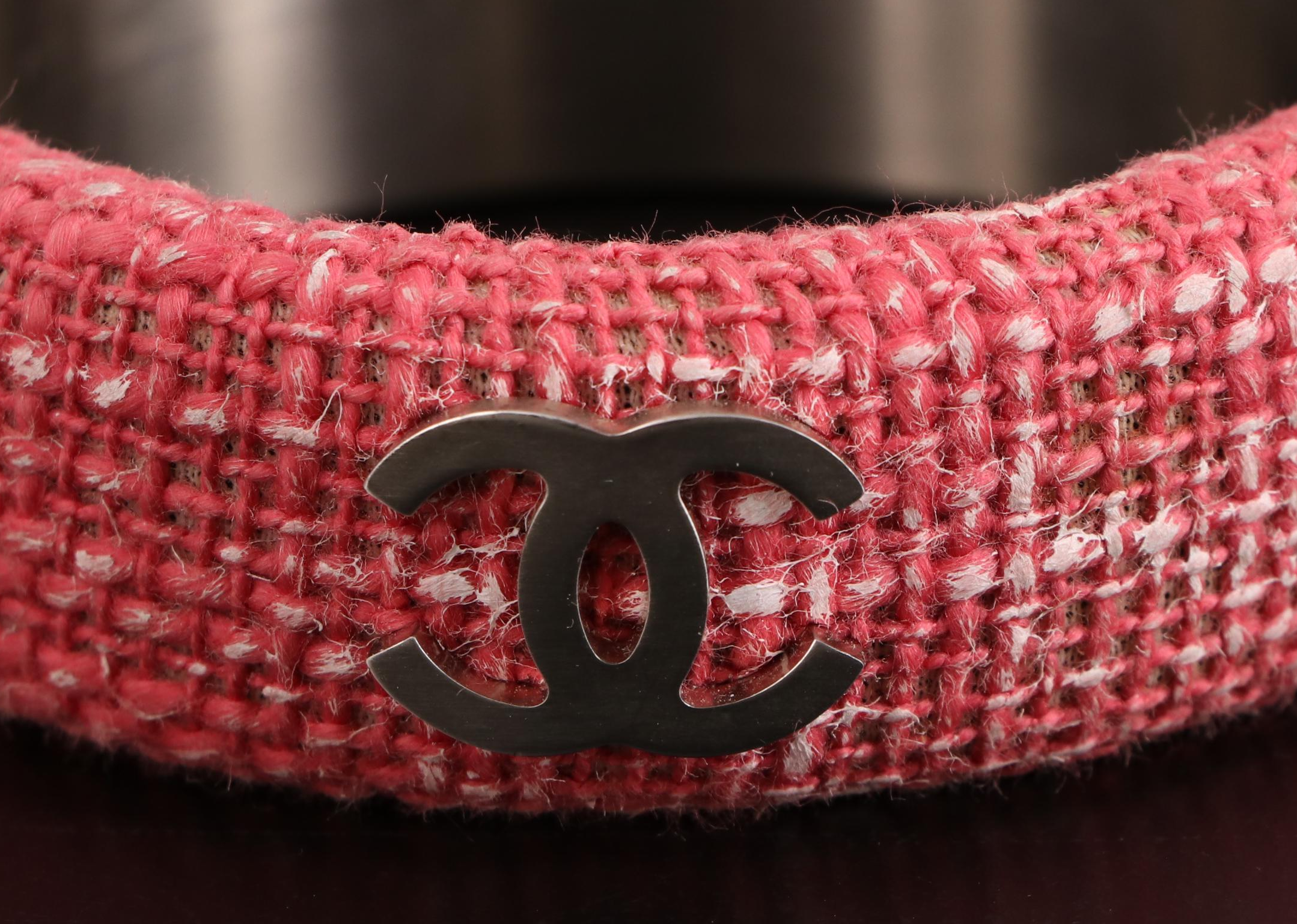 Chanel Wide CC Bangle in Metal and Pink Tweed