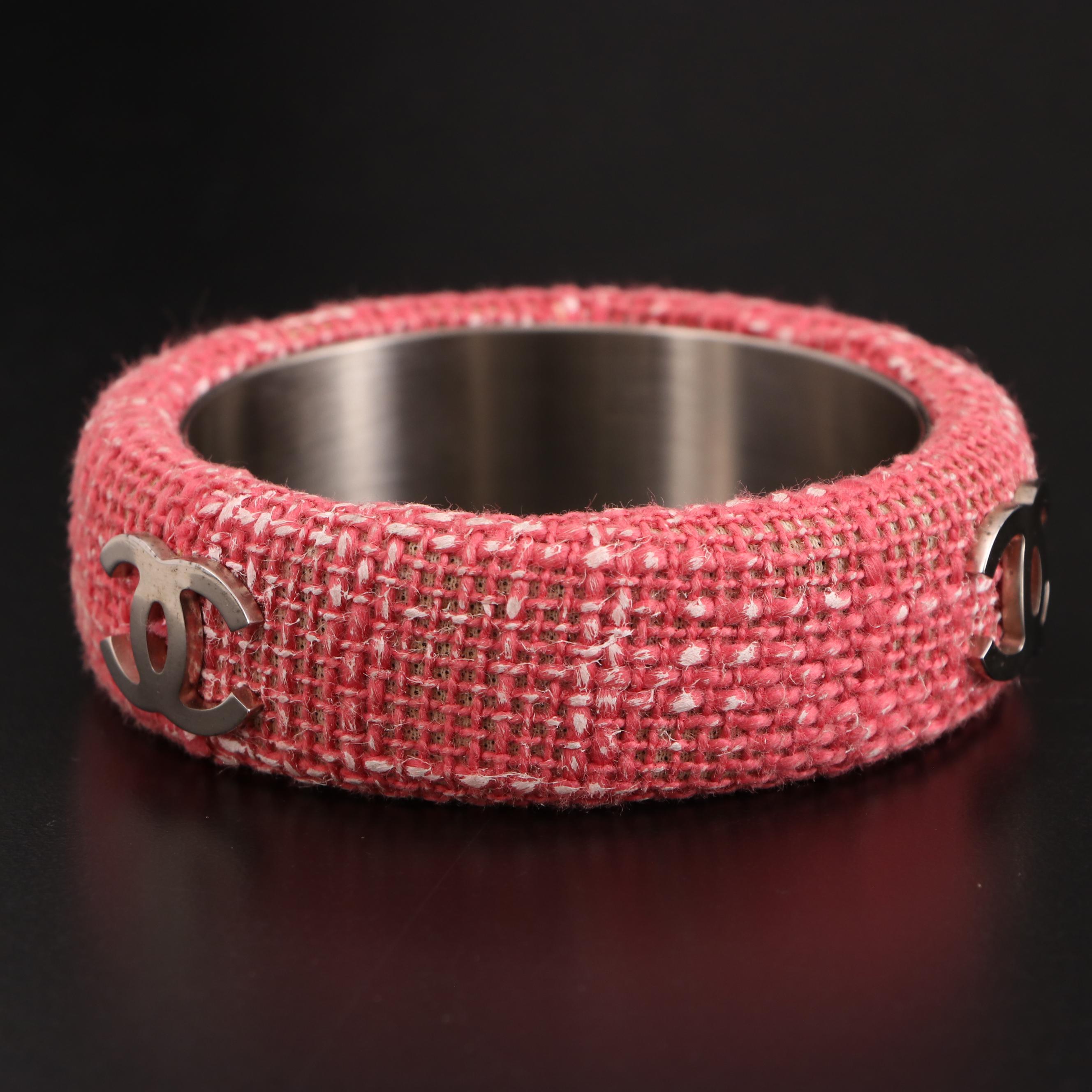 Chanel Wide CC Bangle in Metal and Pink Tweed