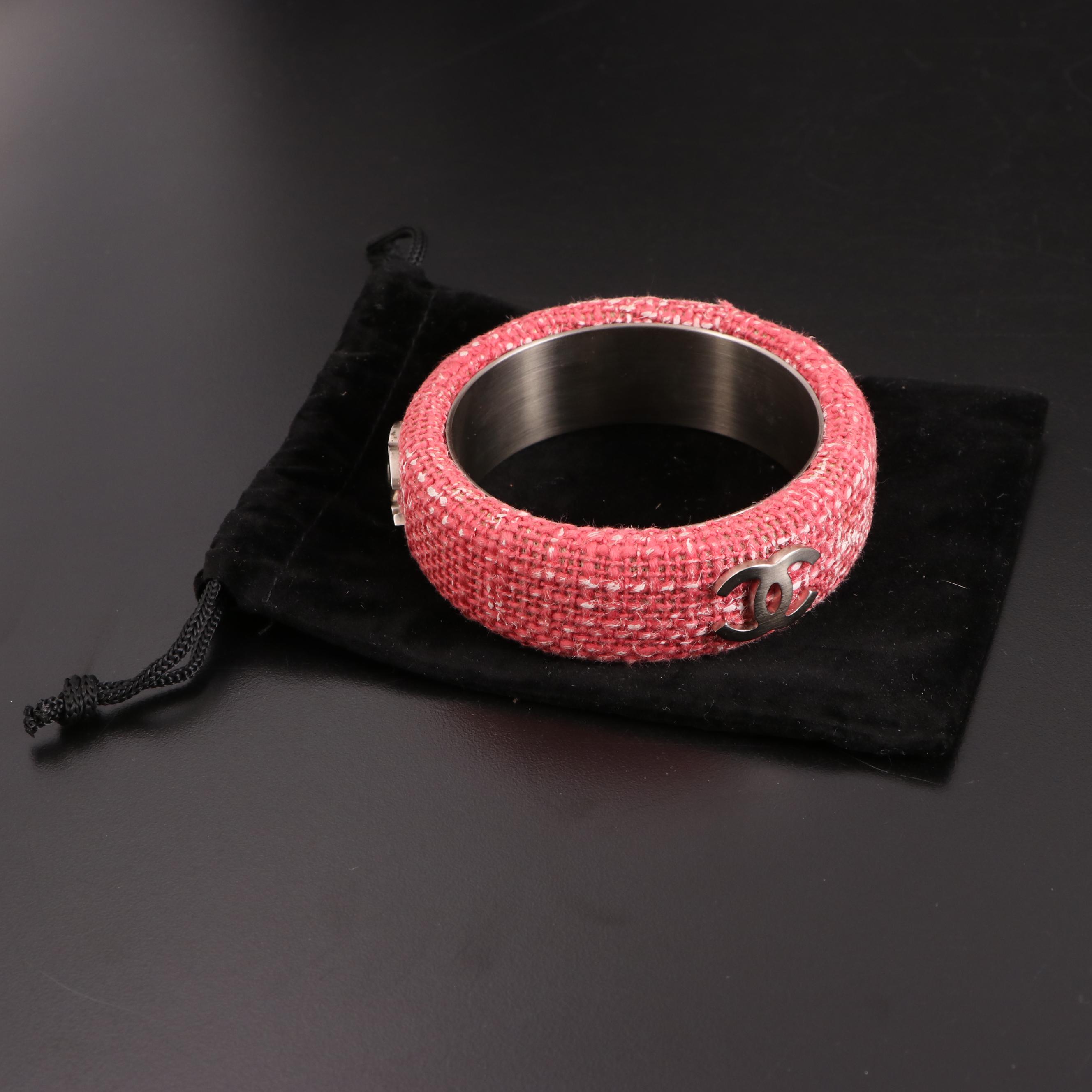 Chanel Wide CC Bangle in Metal and Pink Tweed