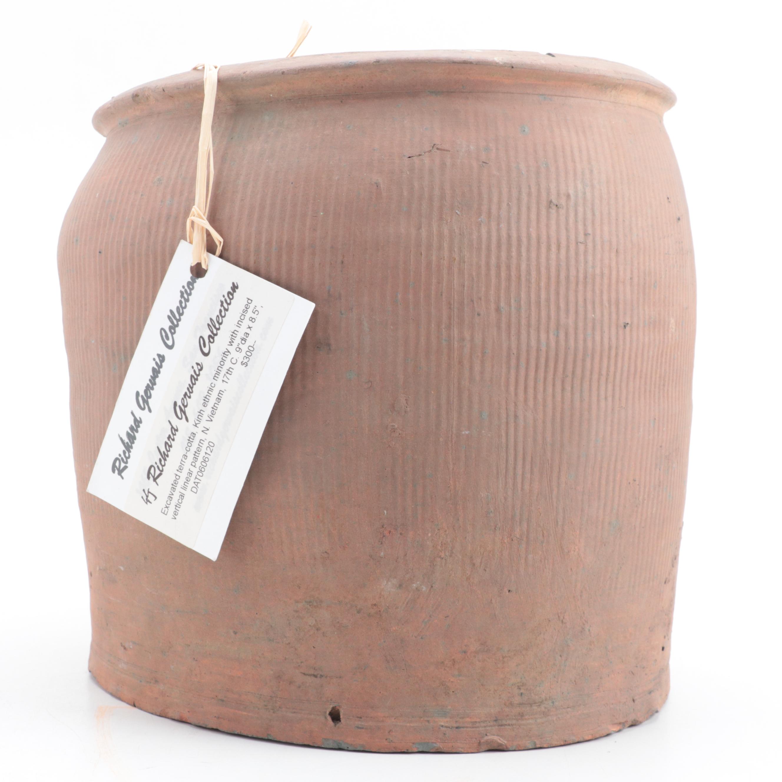 North Vietnamese Earthenware Pot with Vertical Incised Pattern