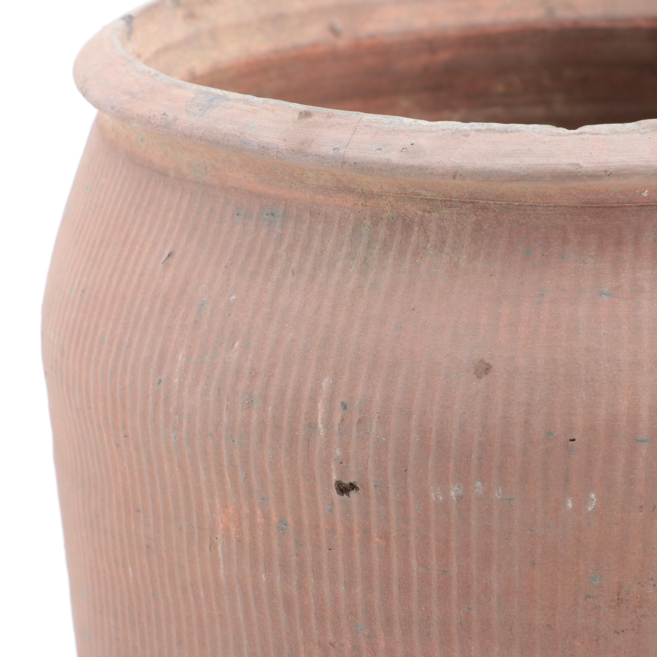 North Vietnamese Earthenware Pot with Vertical Incised Pattern