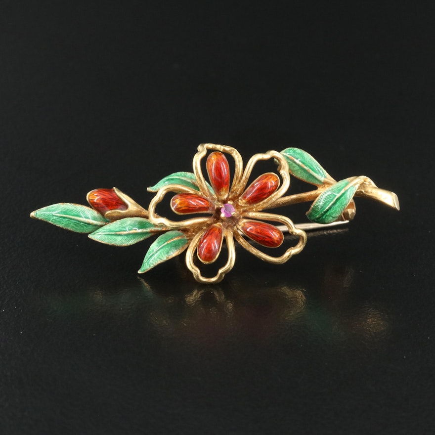 18K Ruby and Enamel Flower Brooch