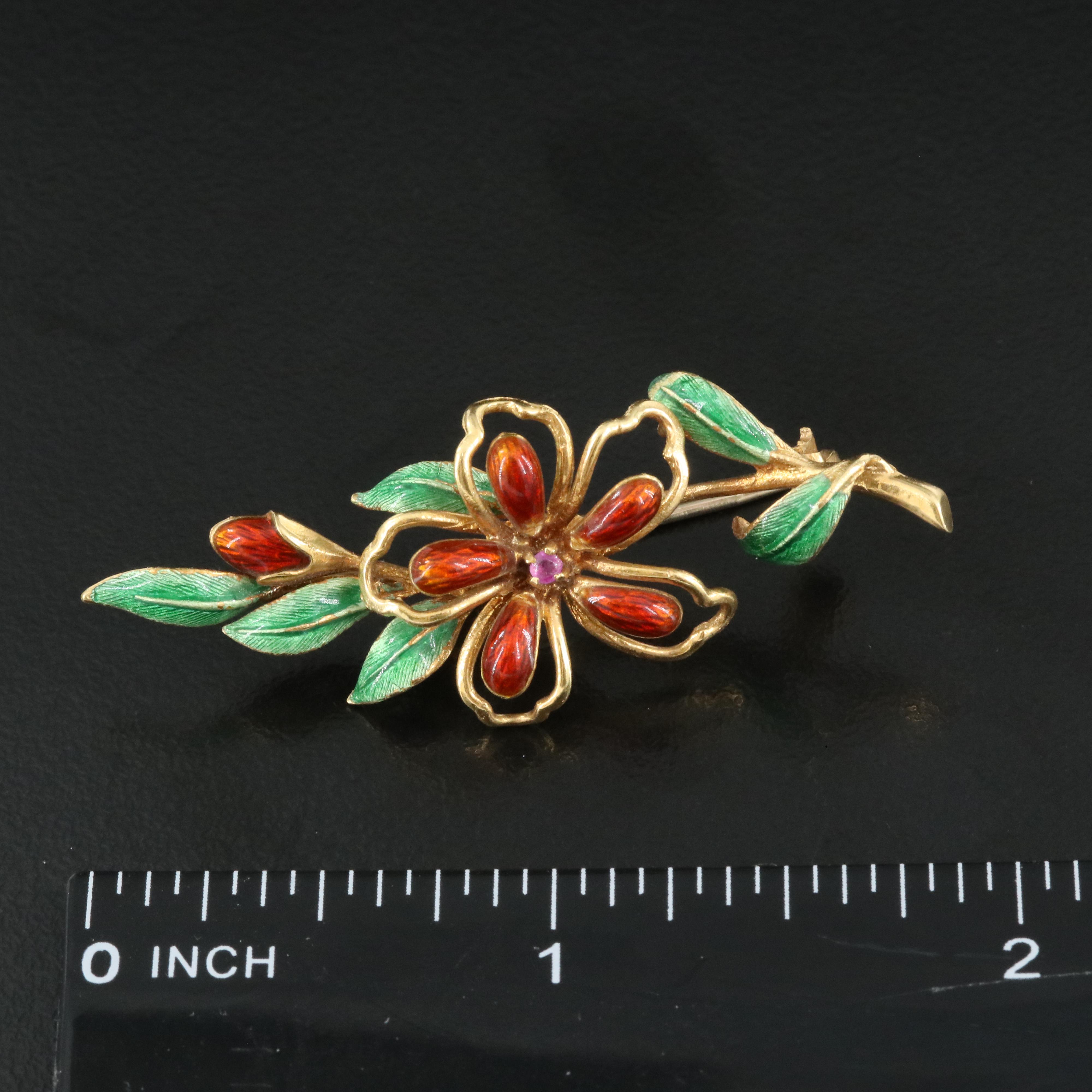 18K Ruby and Enamel Flower Brooch