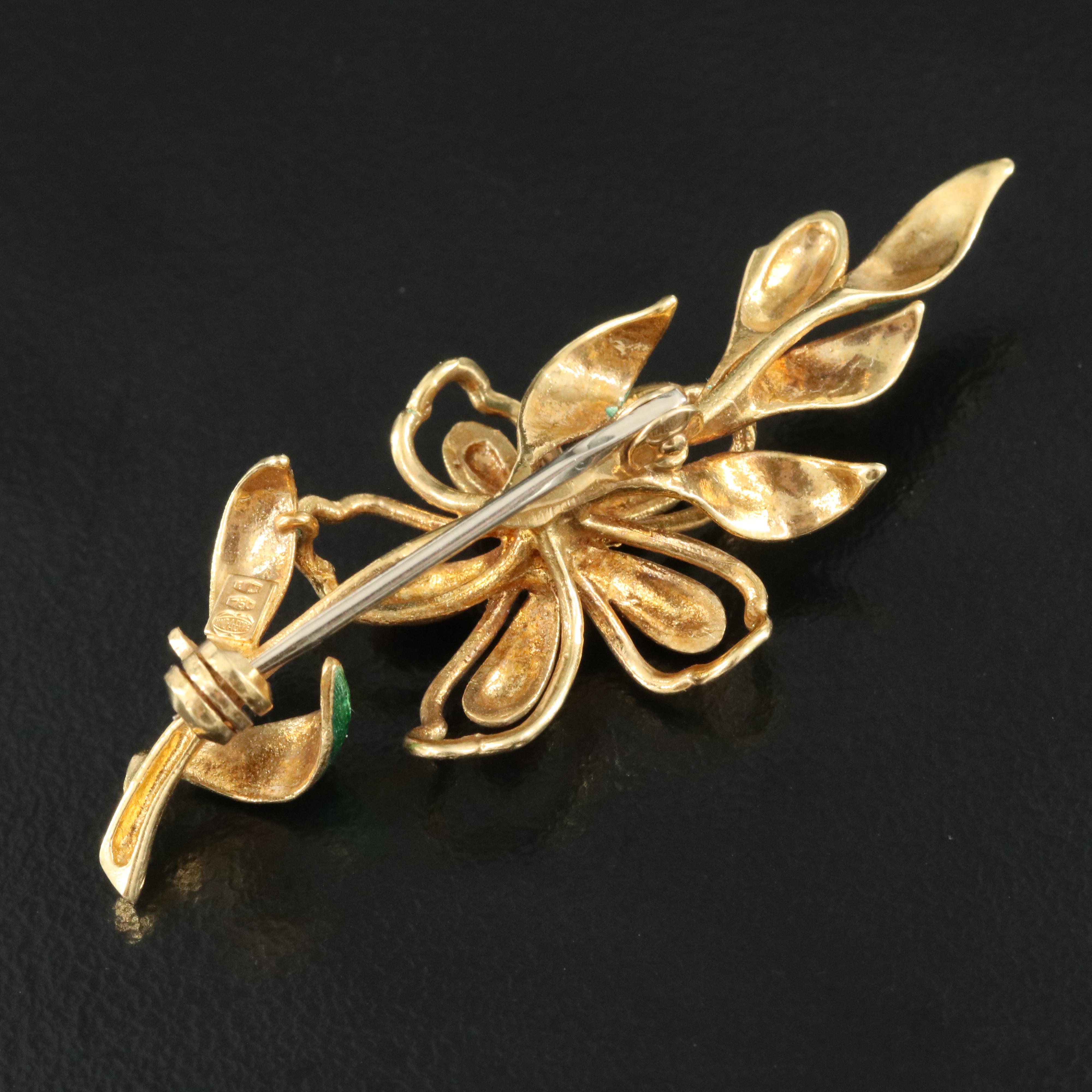 18K Ruby and Enamel Flower Brooch