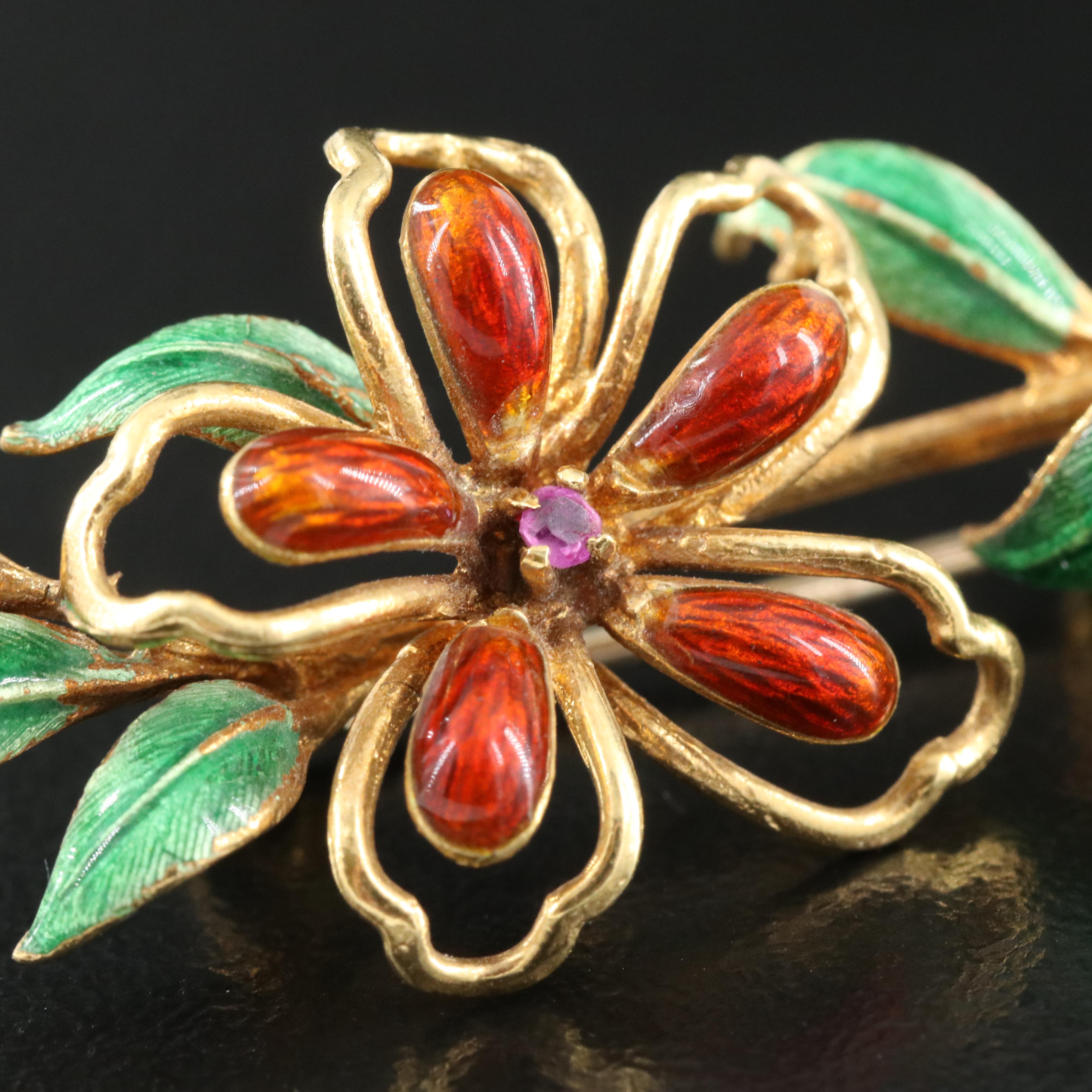18K Ruby and Enamel Flower Brooch