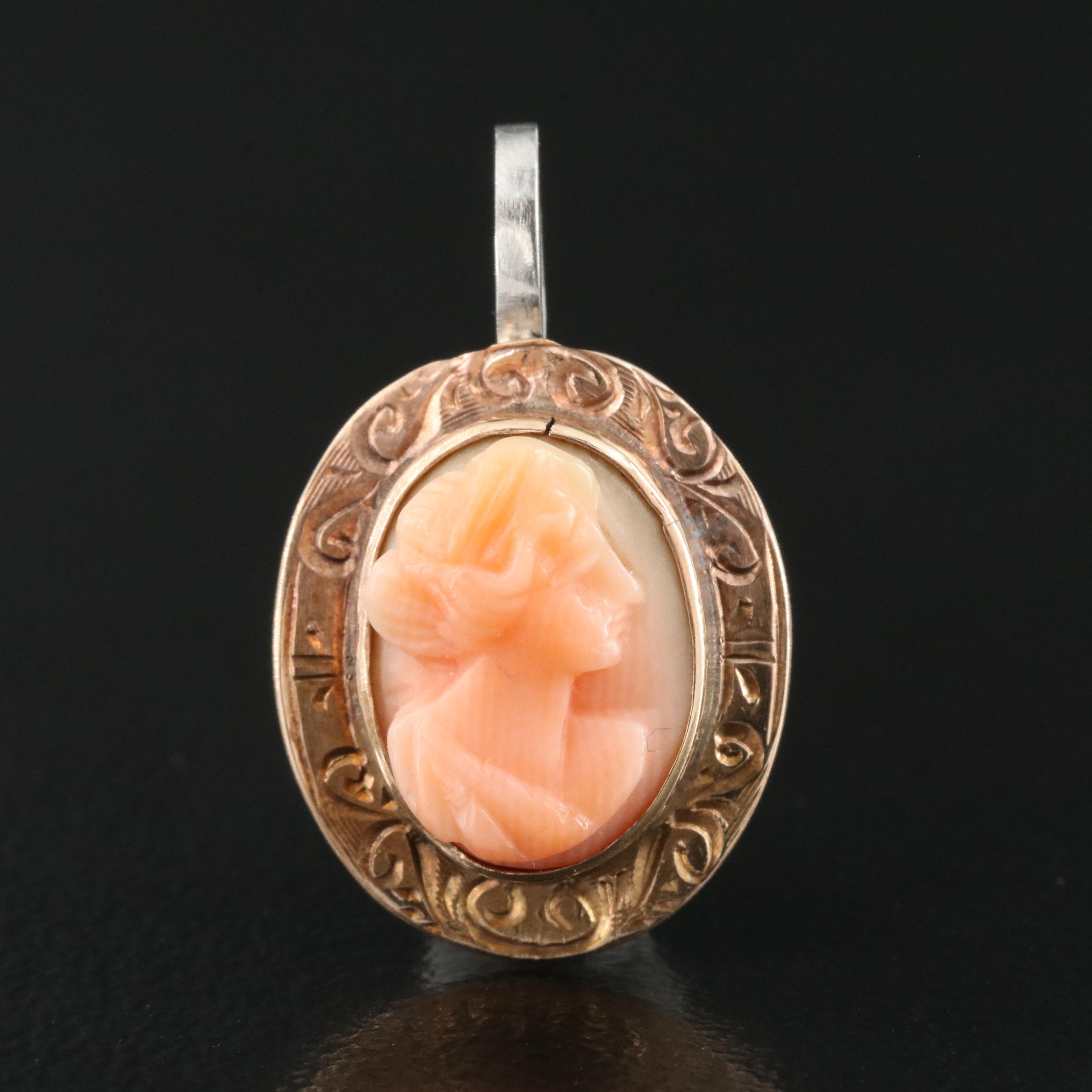 10K Coral Cameo Pendant with Platinum Accent