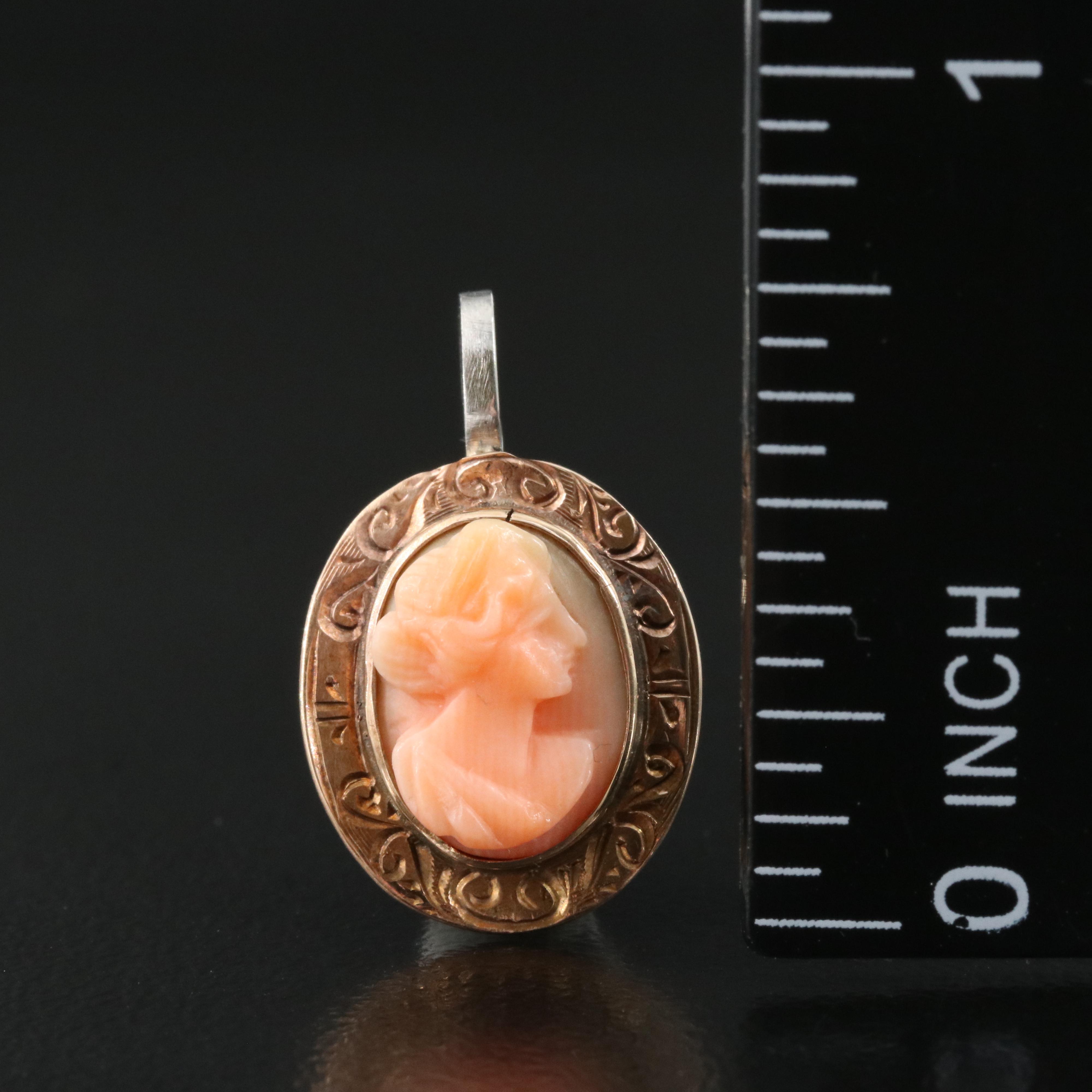 10K Coral Cameo Pendant with Platinum Accent