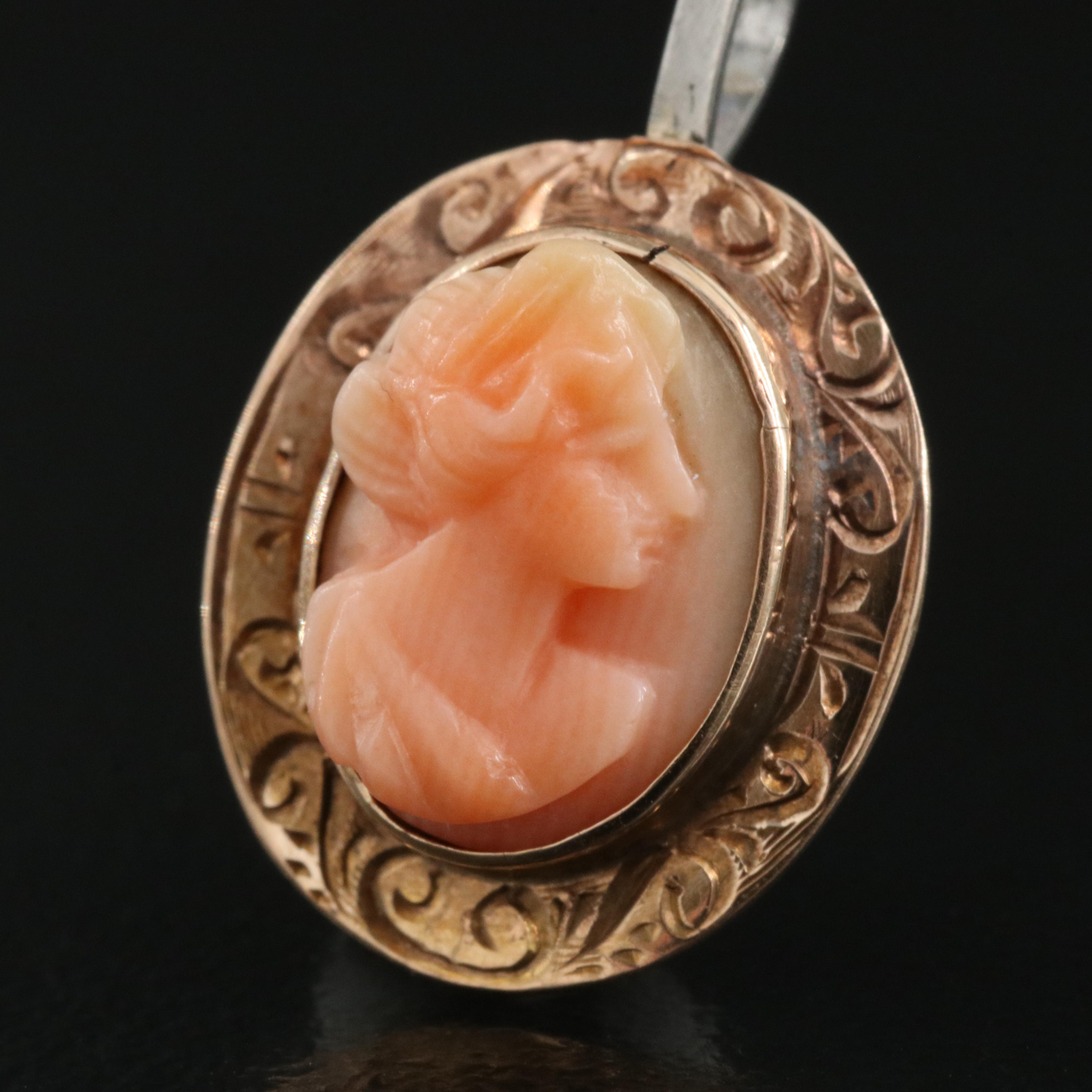 10K Coral Cameo Pendant with Platinum Accent