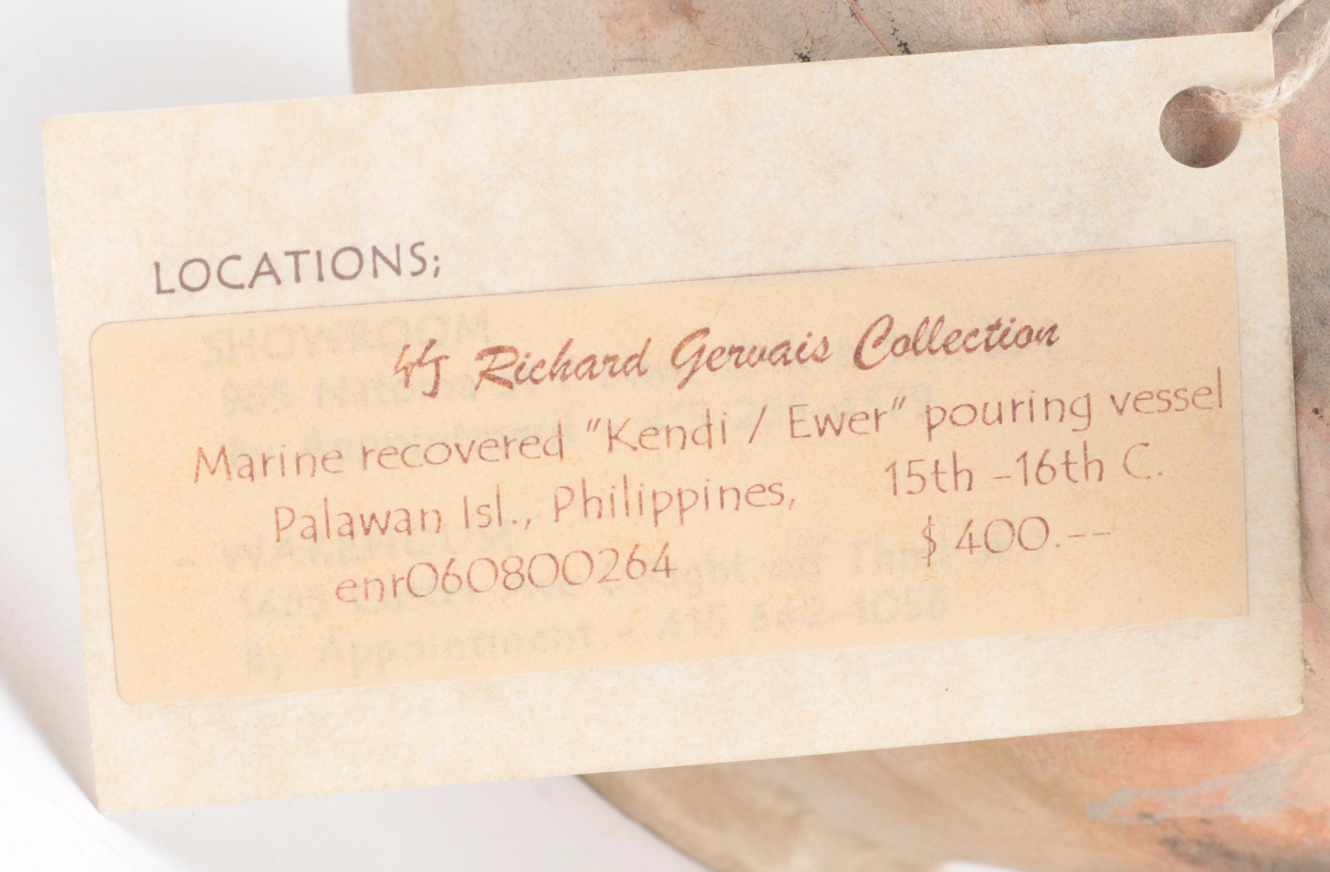 Philippines Marine Recovered Earthenware Kendi Pouring Vessel, 15th-16th C