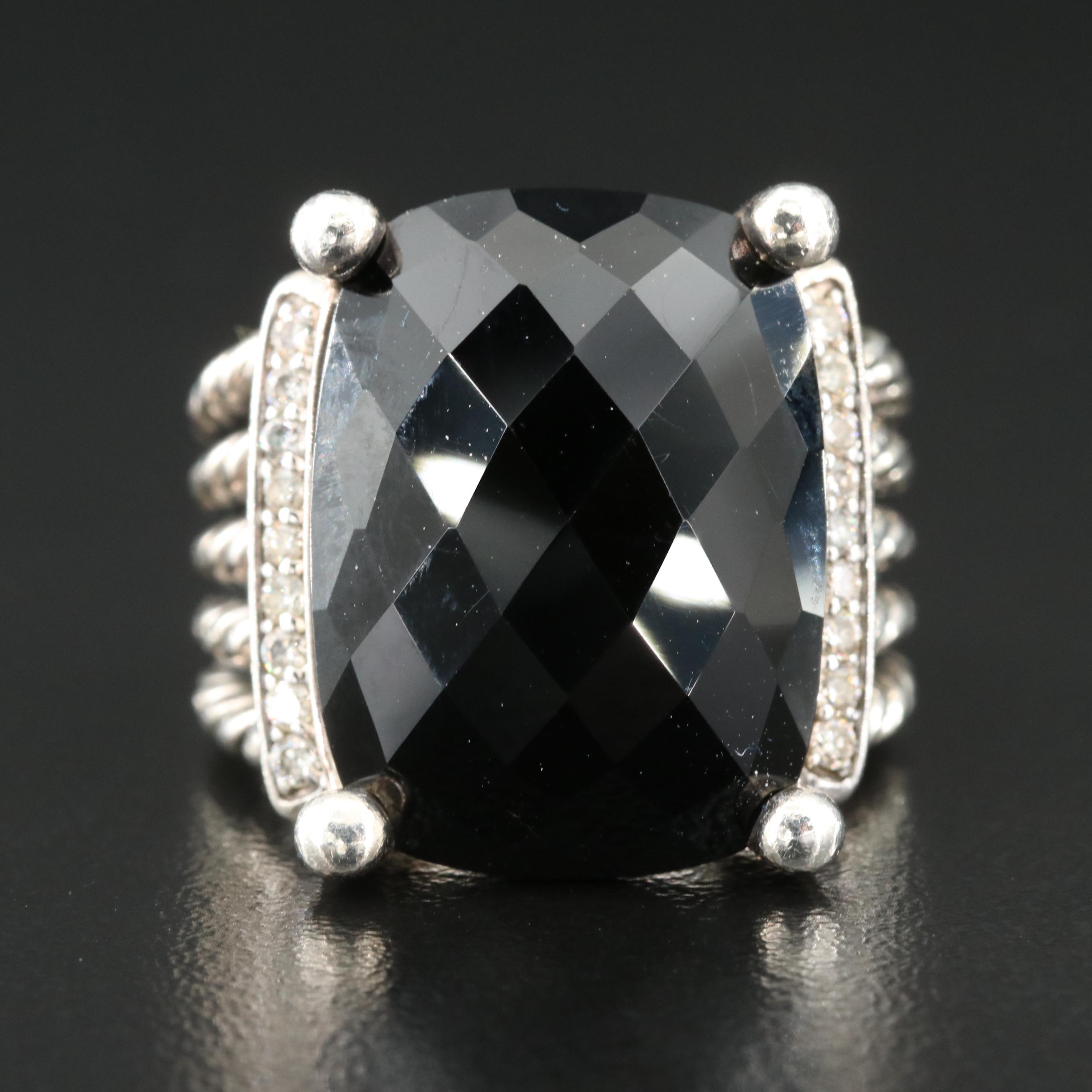 David Yurman "Wheaton" Sterling Black Onyx and Diamond Ring