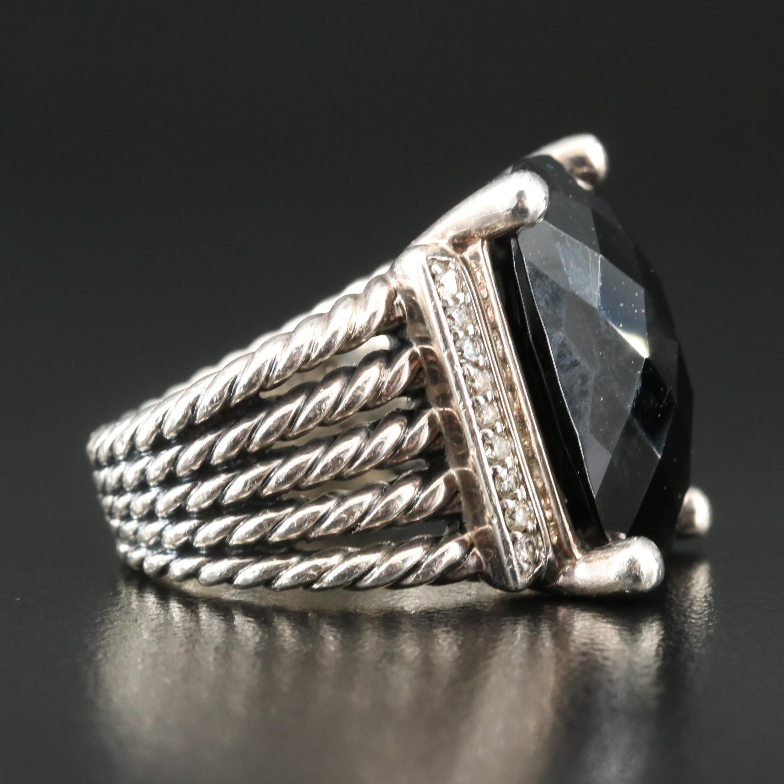 David Yurman "Wheaton" Sterling Black Onyx and Diamond Ring