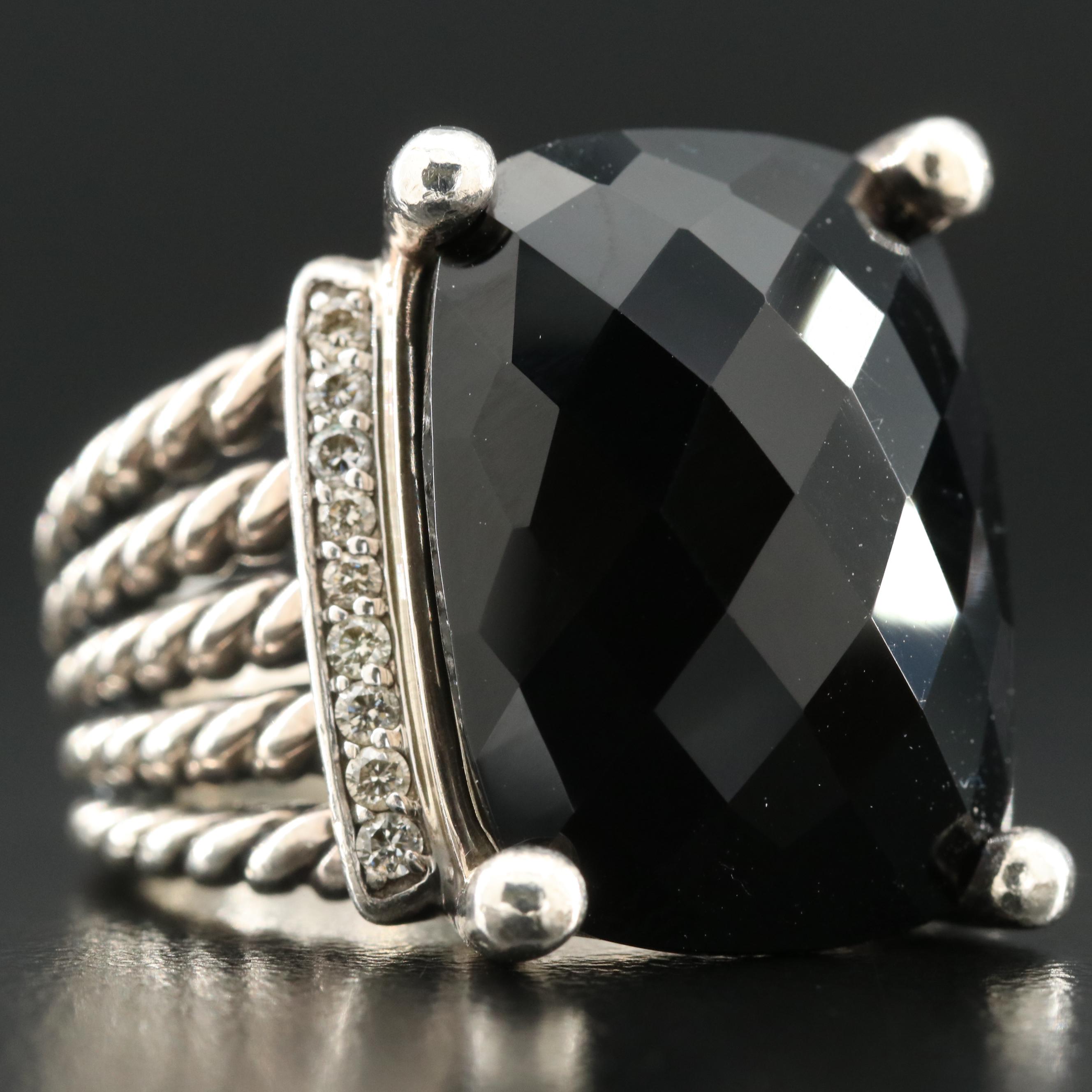 David Yurman "Wheaton" Sterling Black Onyx and Diamond Ring