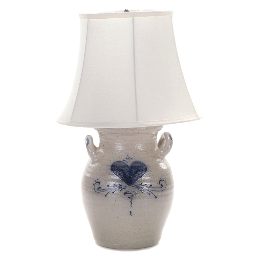 Rockdale Union Salt Glazed Stoneware Jar Lamp With Cobalt Heart, Contemporary