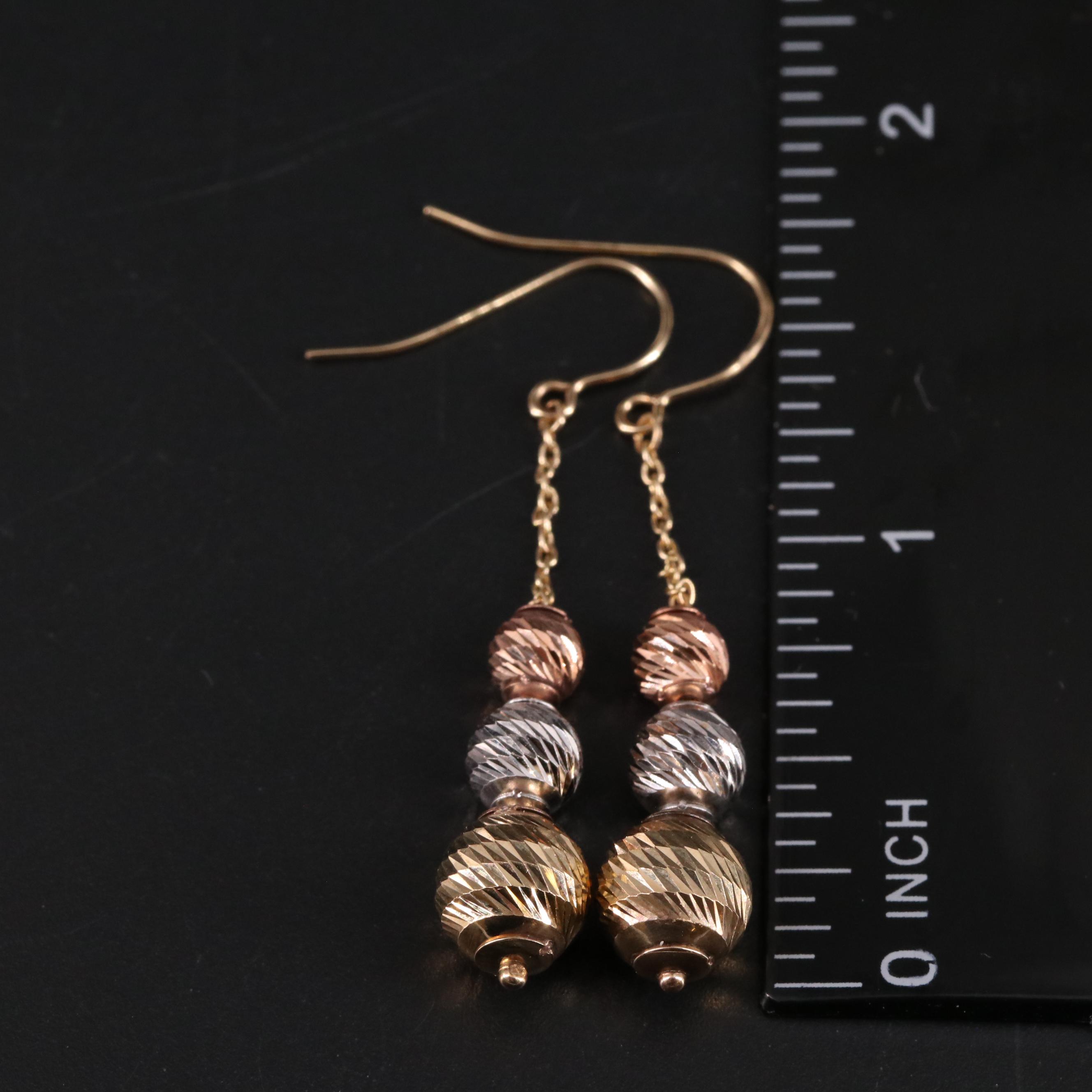 14K Tri-Color Bead Drop Earrings