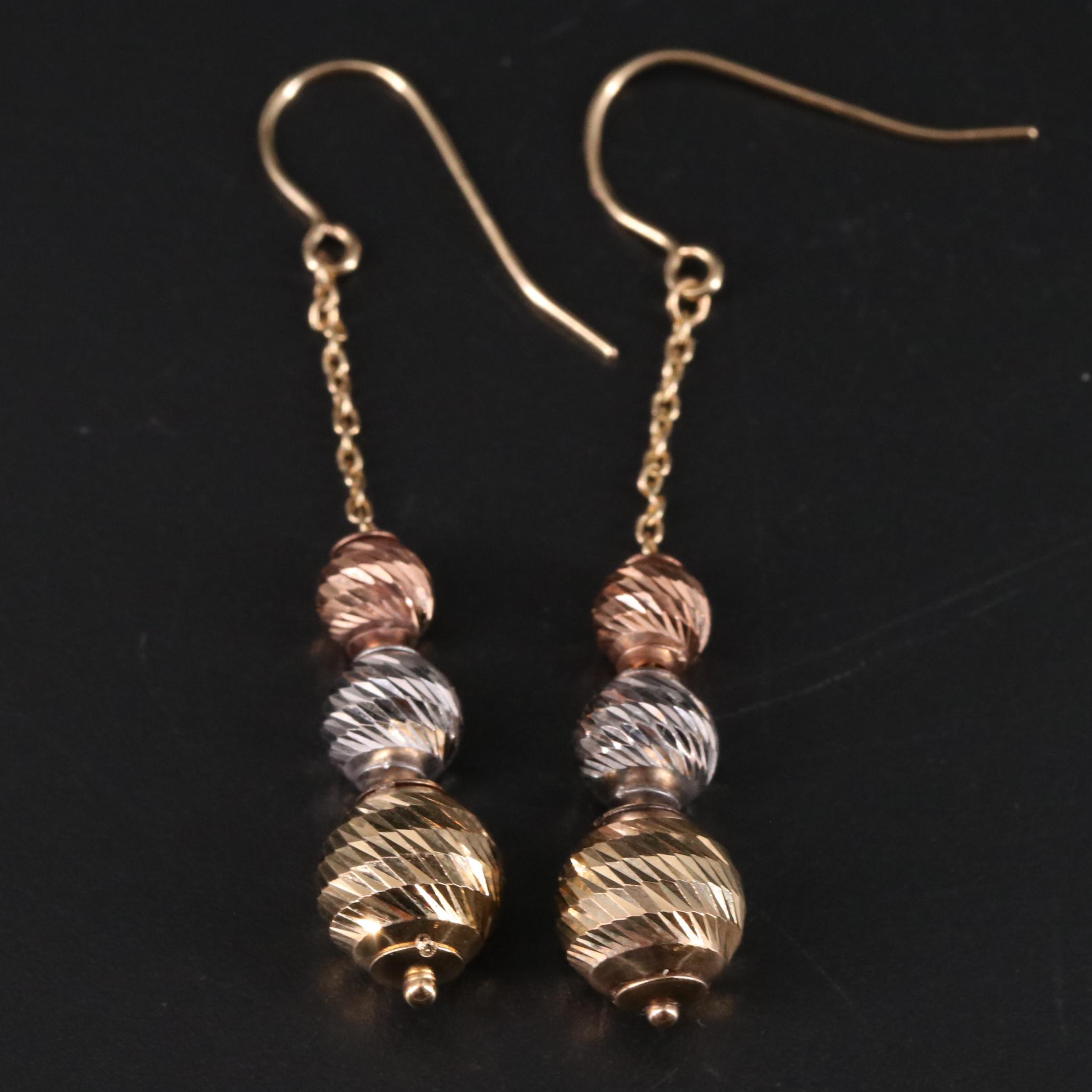 14K Tri-Color Bead Drop Earrings