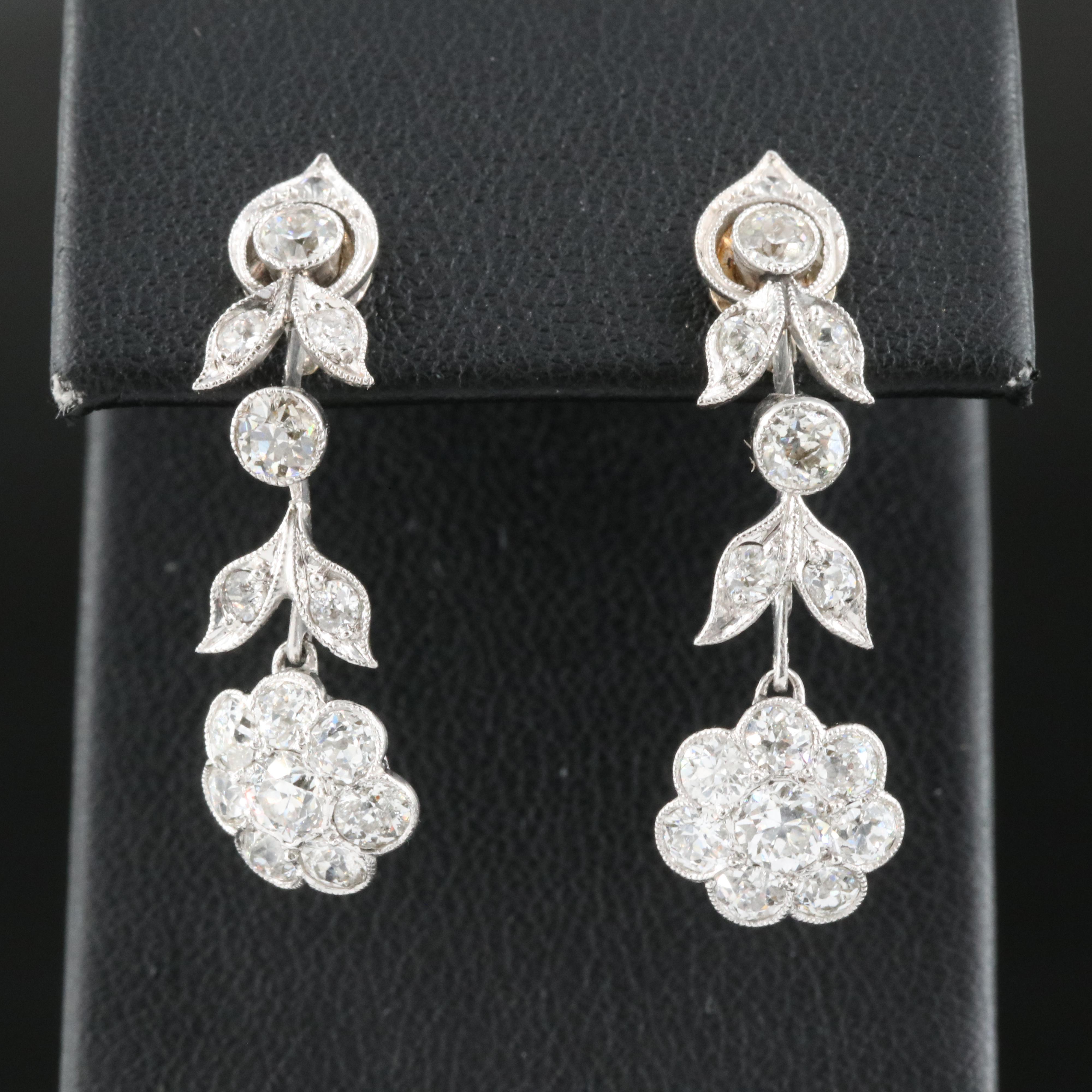 Vintage Platinum 2.30 CTW Diamond Flower Earrings