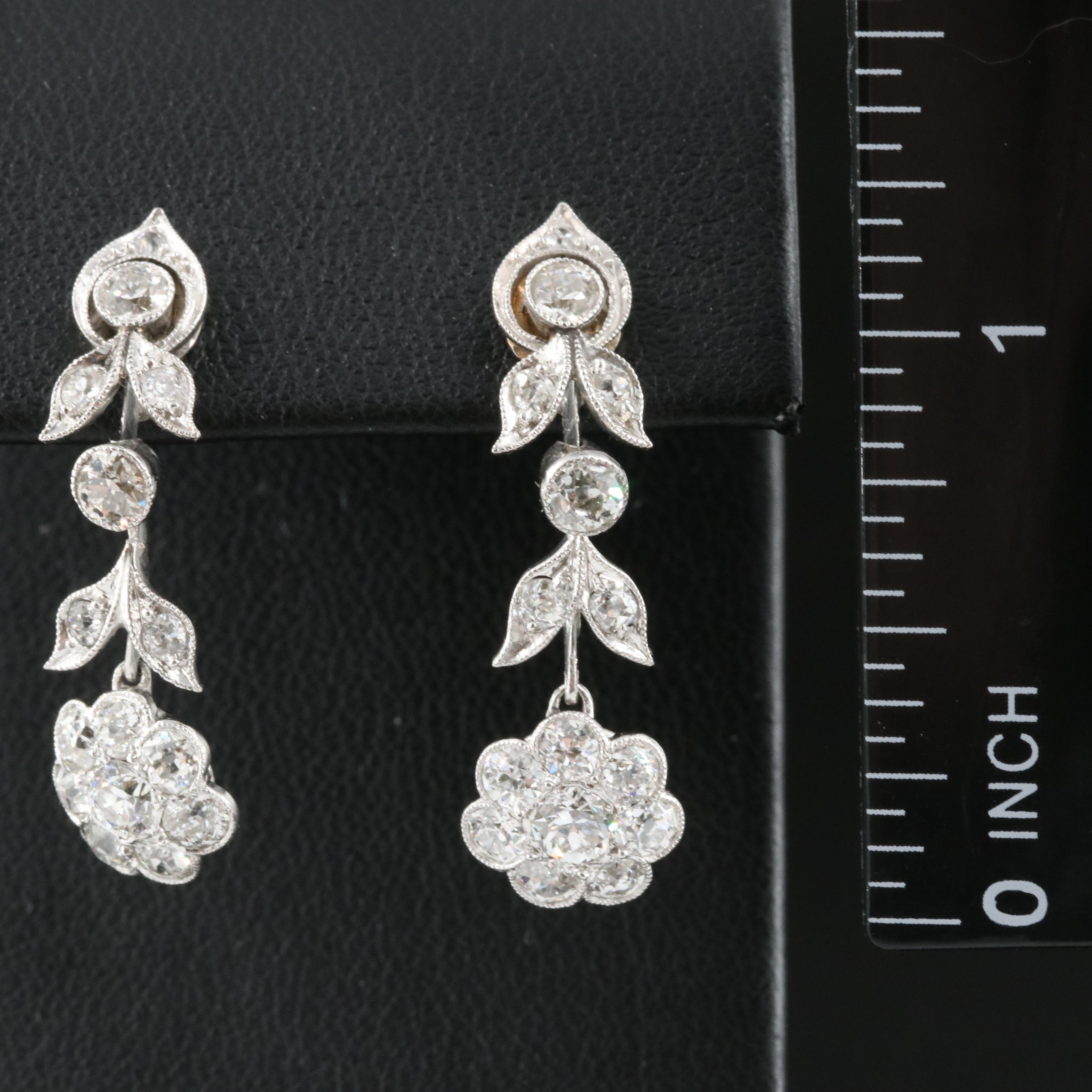Vintage Platinum 2.30 CTW Diamond Flower Earrings