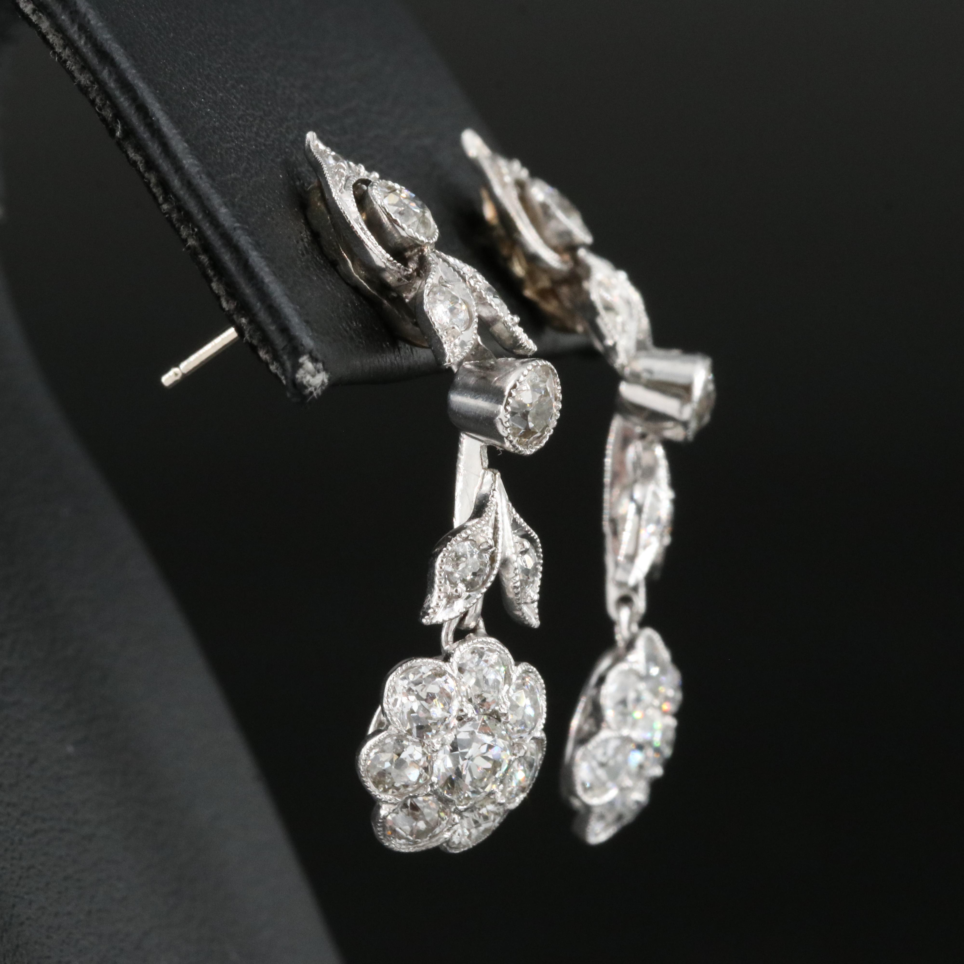 Vintage Platinum 2.30 CTW Diamond Flower Earrings