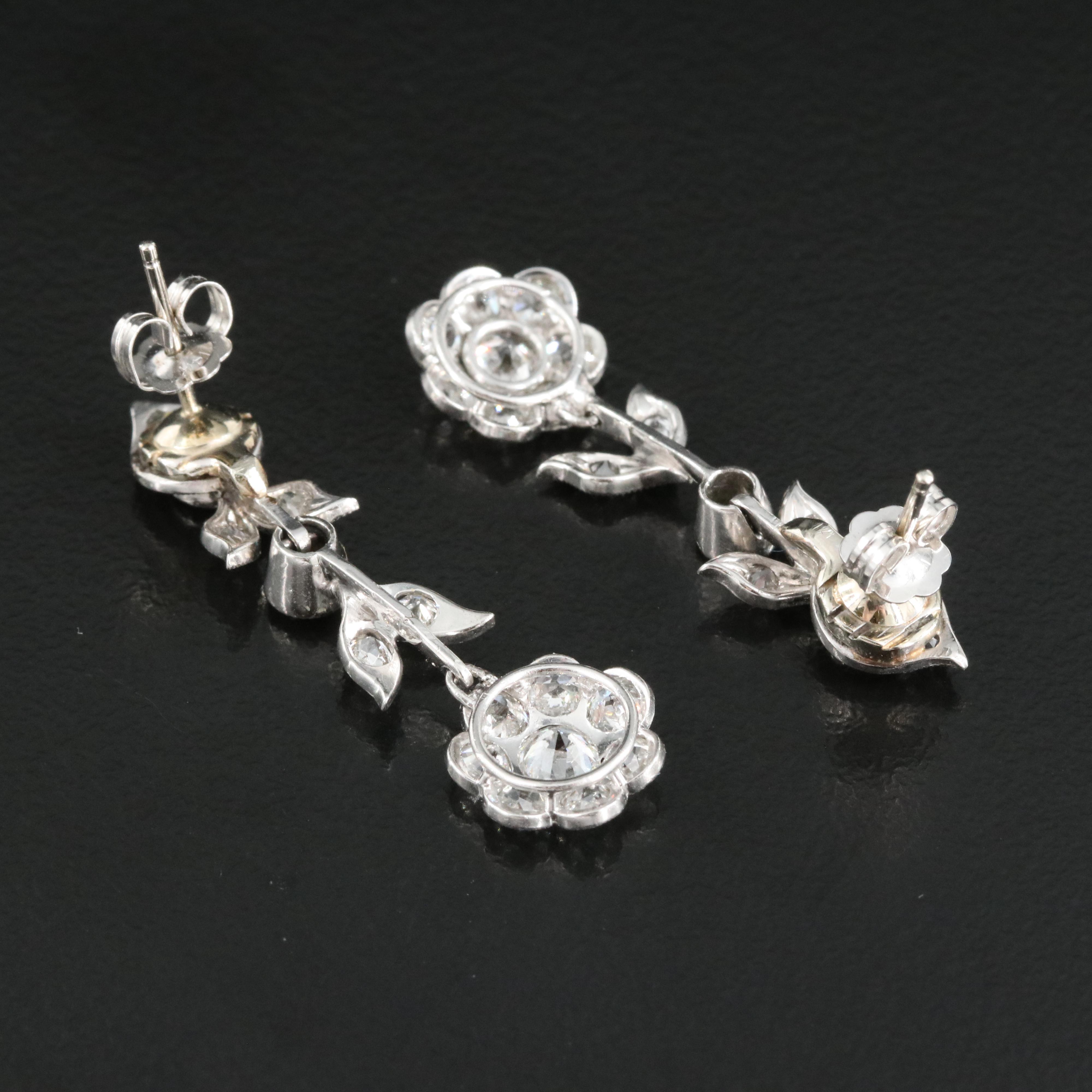 Vintage Platinum 2.30 CTW Diamond Flower Earrings