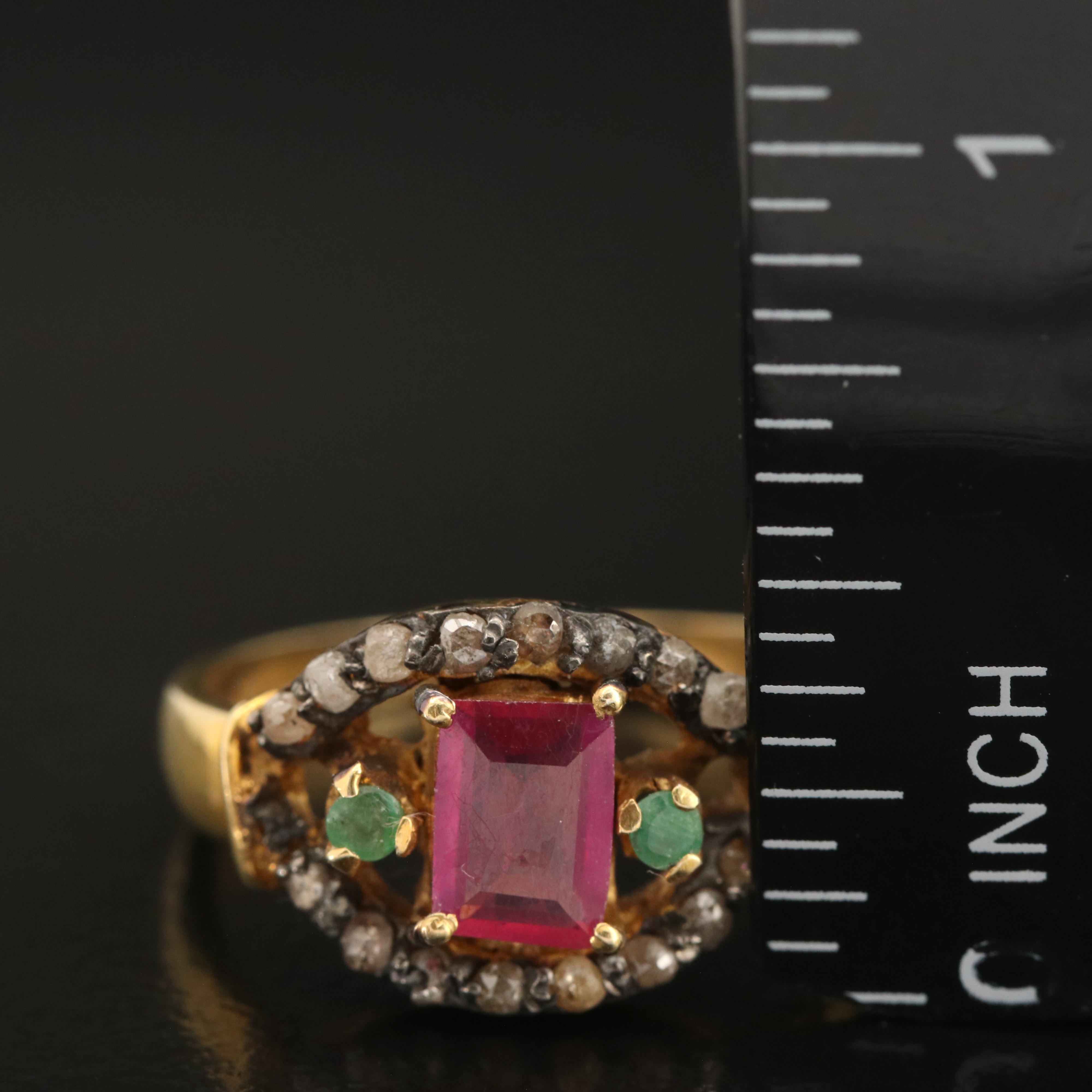 Sterling Corundum, Emerald and Diamond Ring