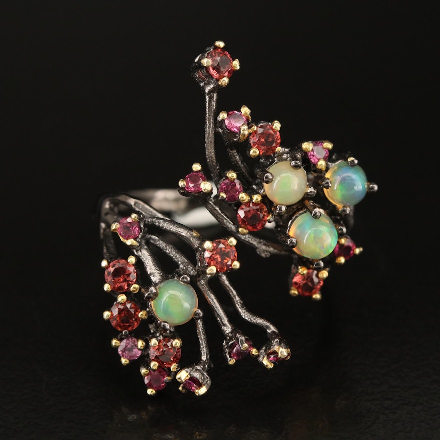 Sterling Opal and Garnet Bypass Ring