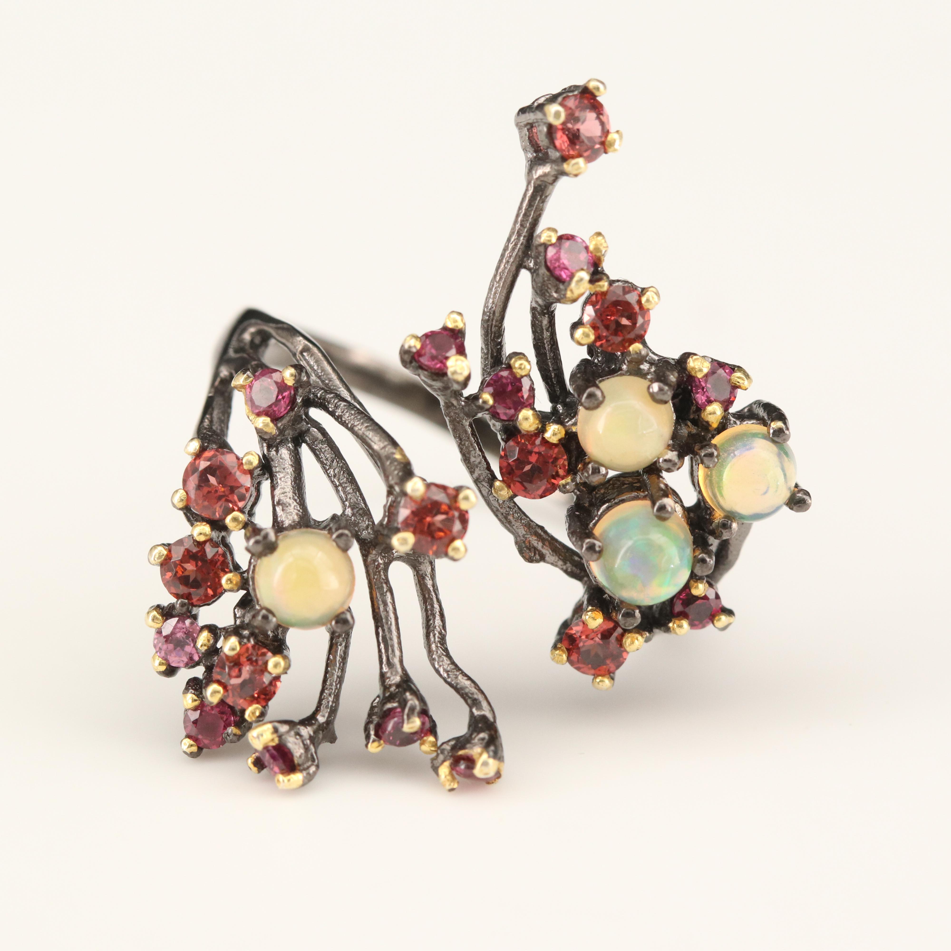 Sterling Opal and Garnet Bypass Ring