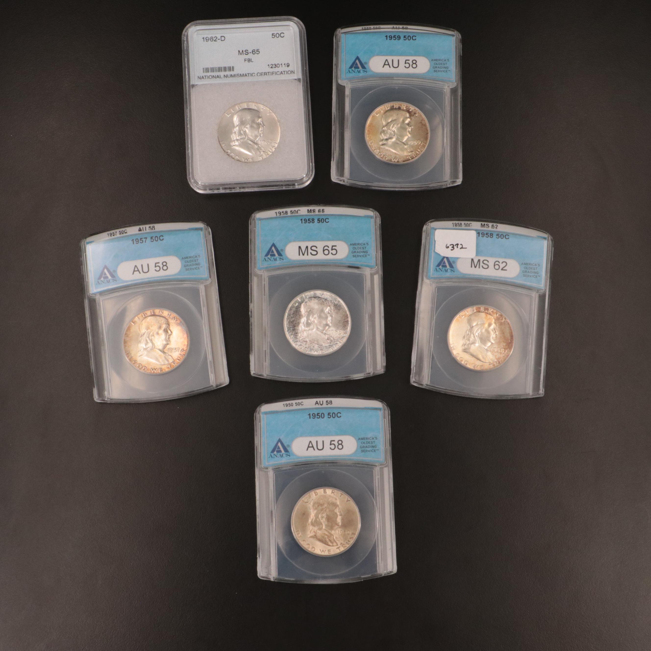 Six Franklin Half Dollars, Including ANACS Graded Coins