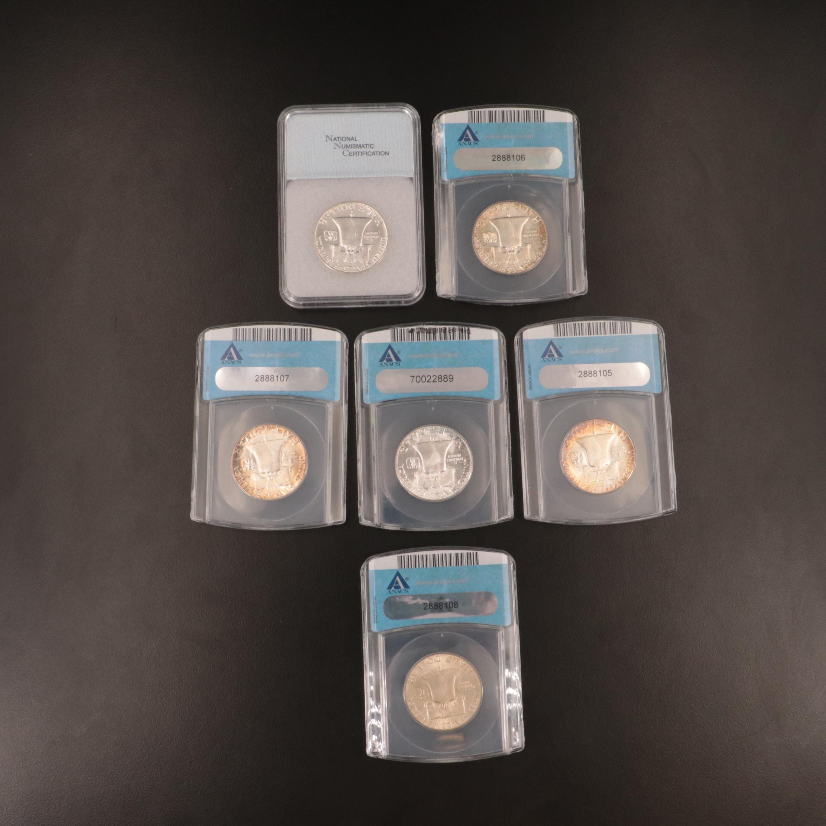 Six Franklin Half Dollars, Including ANACS Graded Coins