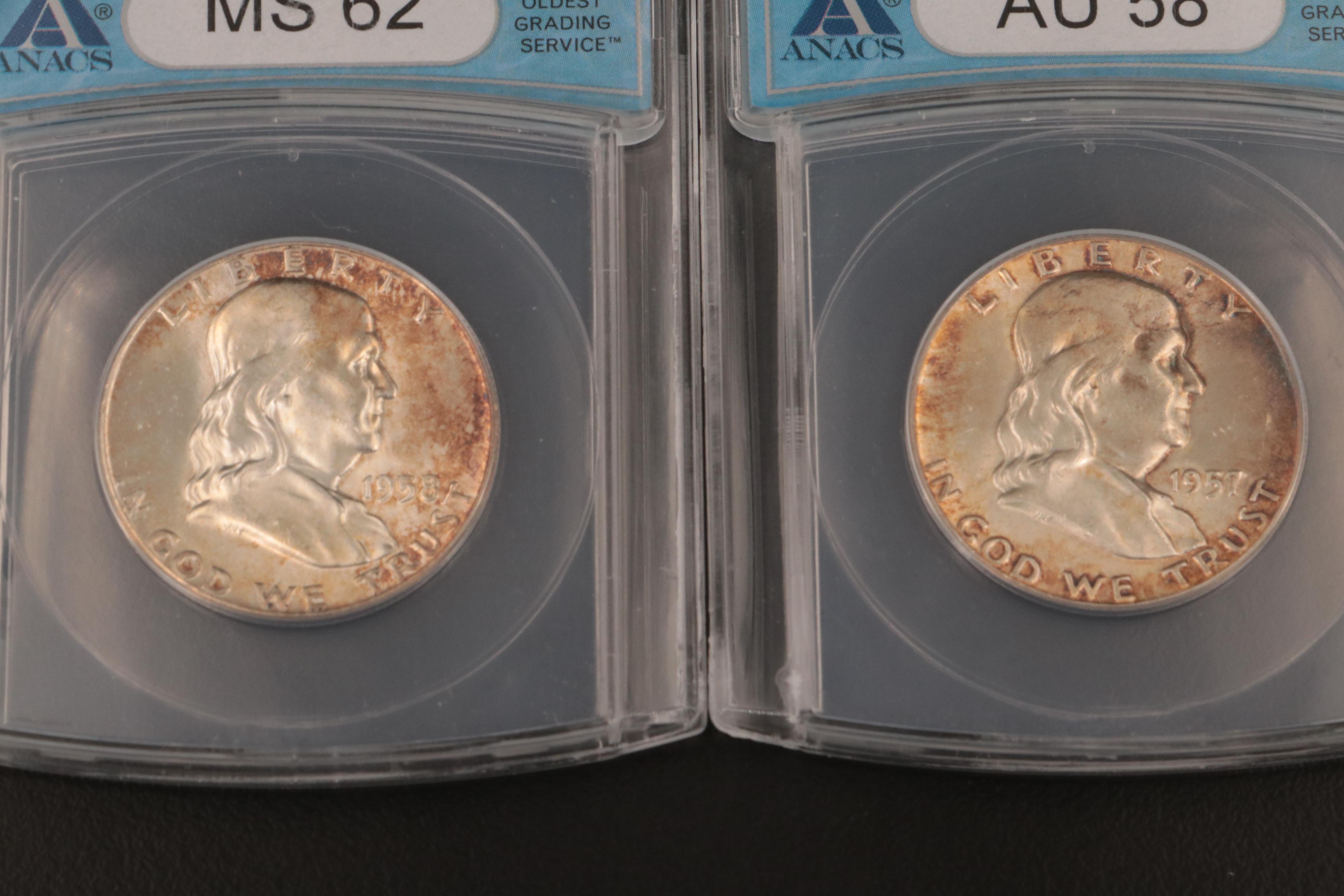 Six Franklin Half Dollars, Including ANACS Graded Coins