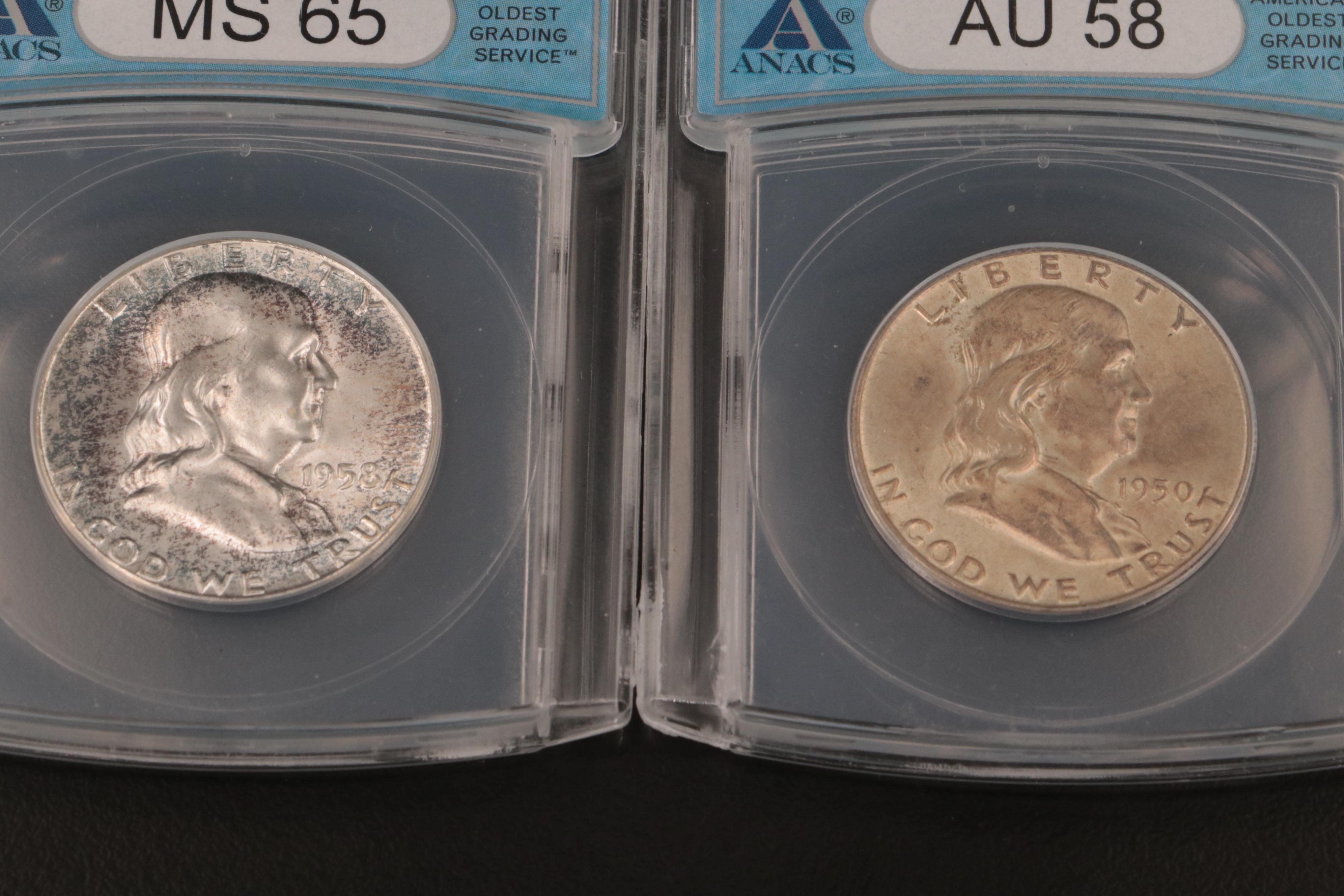 Six Franklin Half Dollars, Including ANACS Graded Coins