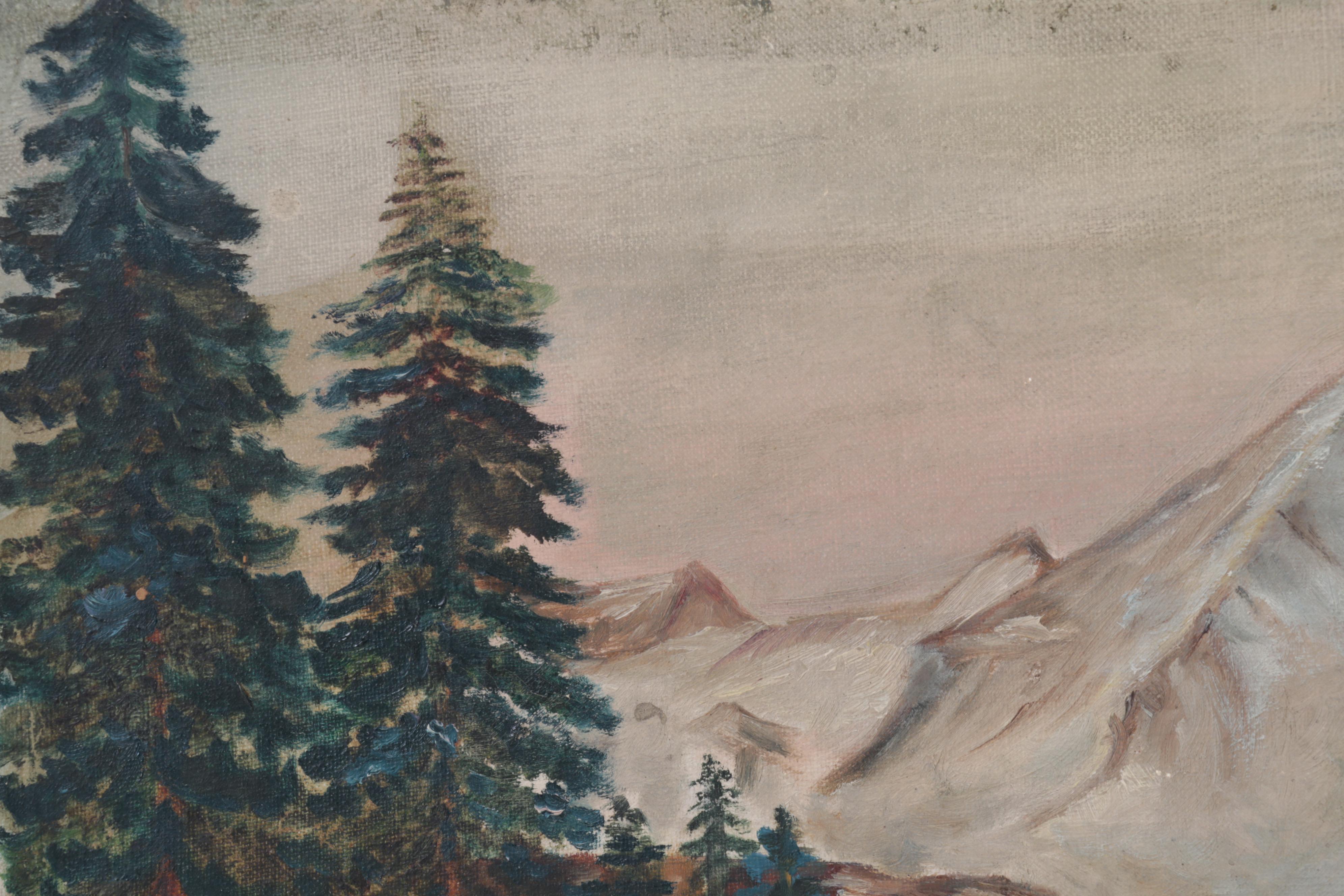 N. Campbell Landscape Oil Painting of Mountain Valley Lake, 1941