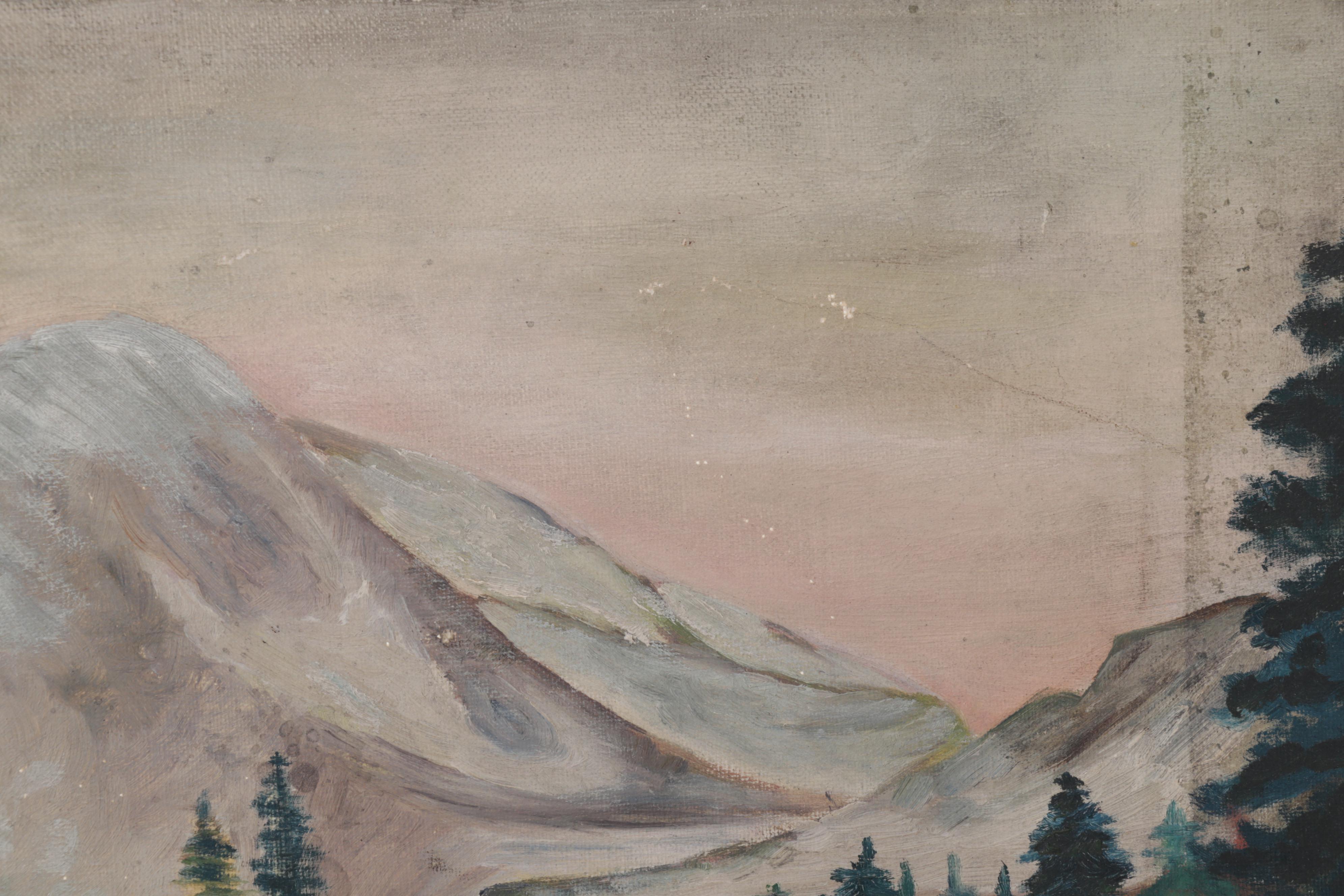 N. Campbell Landscape Oil Painting of Mountain Valley Lake, 1941