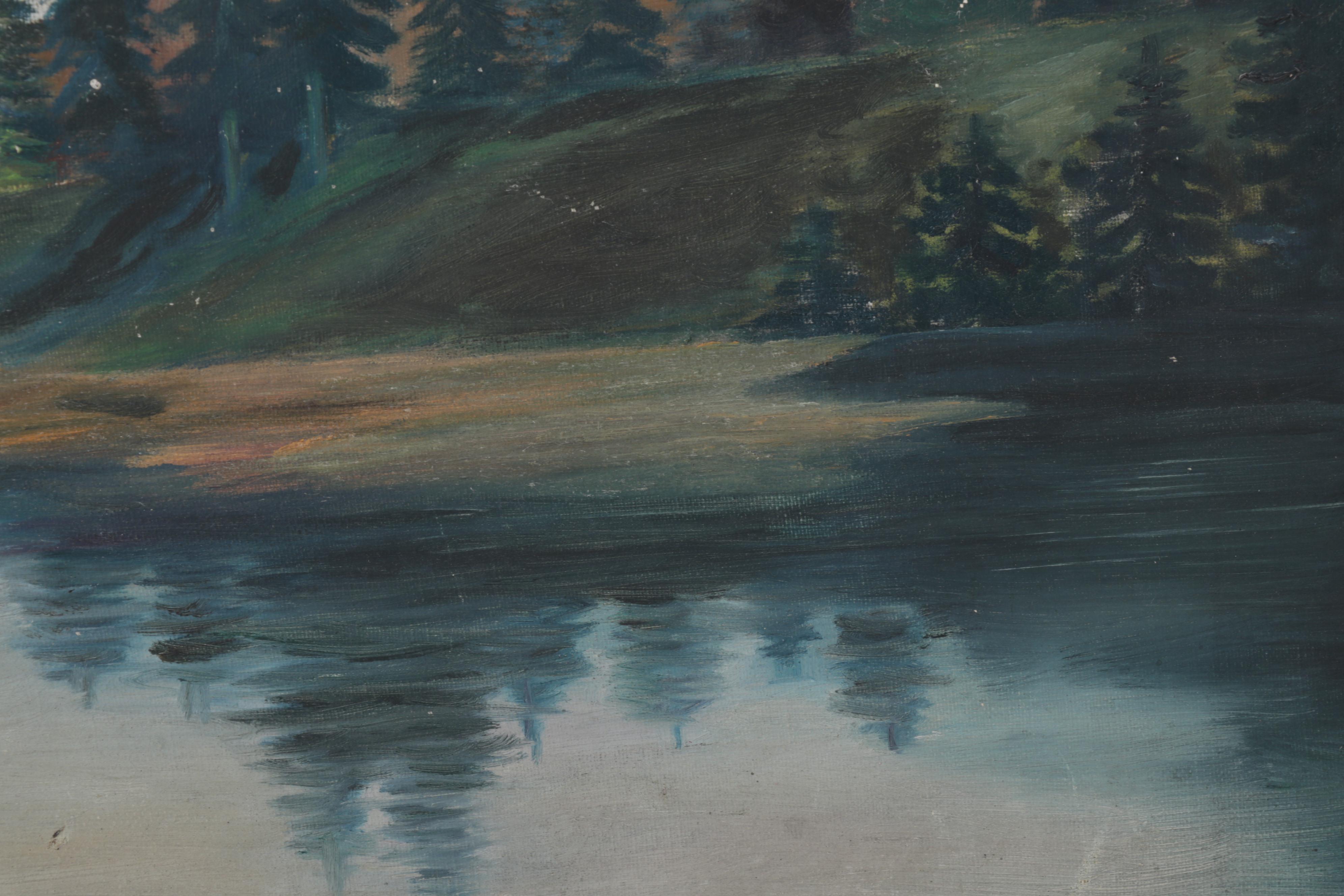 N. Campbell Landscape Oil Painting of Mountain Valley Lake, 1941