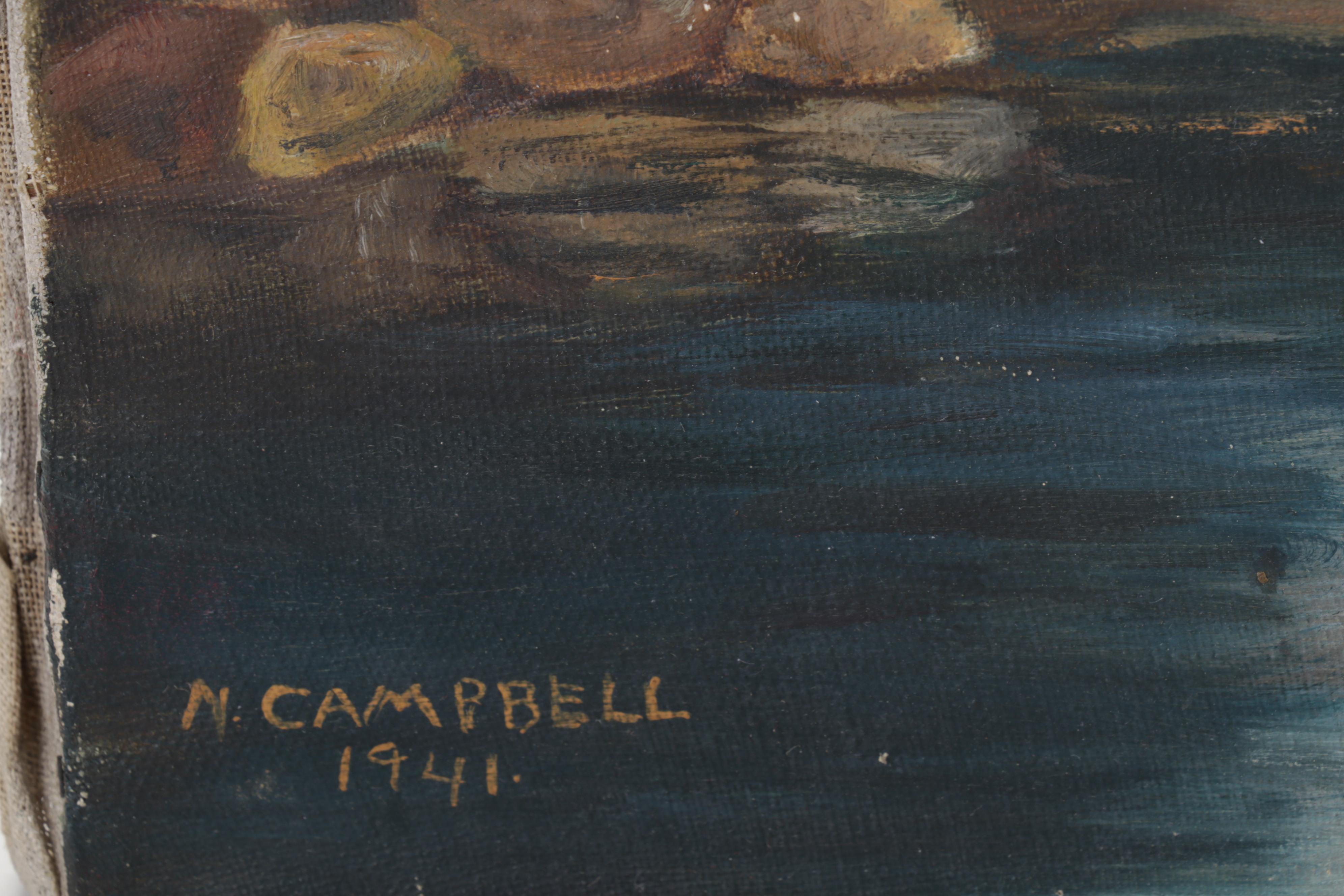 N. Campbell Landscape Oil Painting of Mountain Valley Lake, 1941