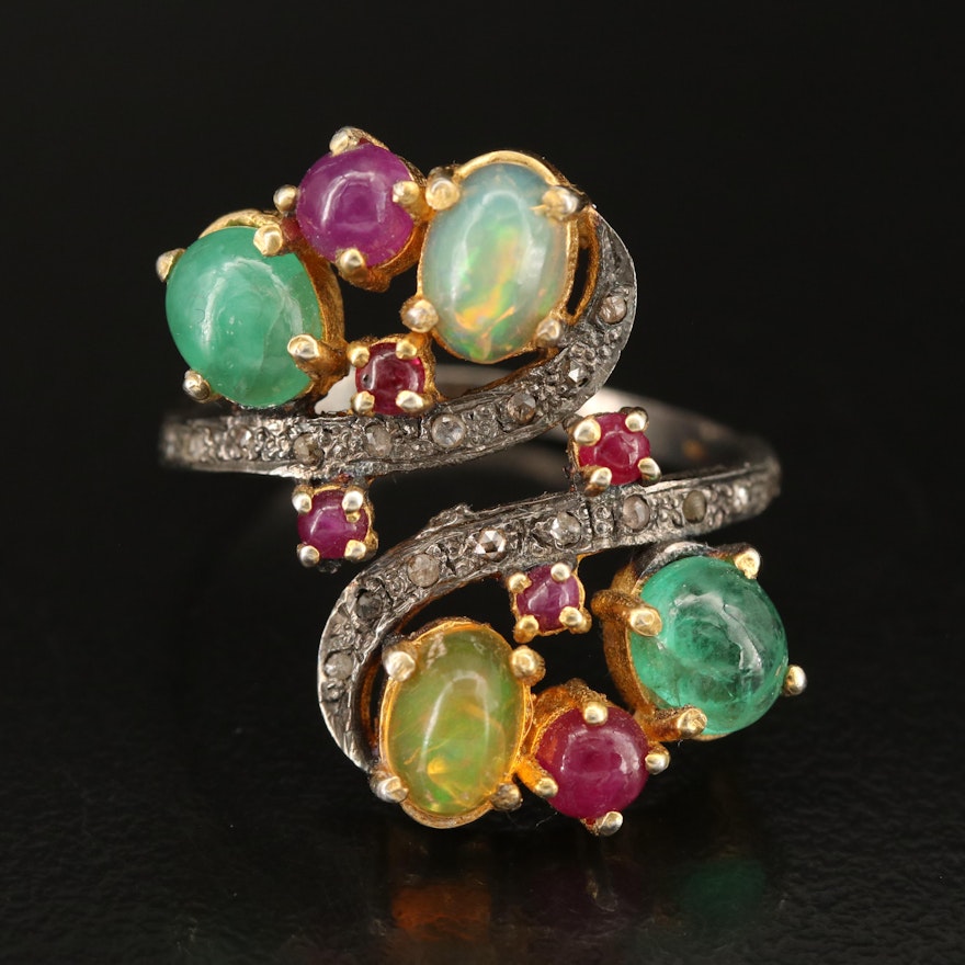 Sterling Opal, Emerald and Diamond Bypass Ring