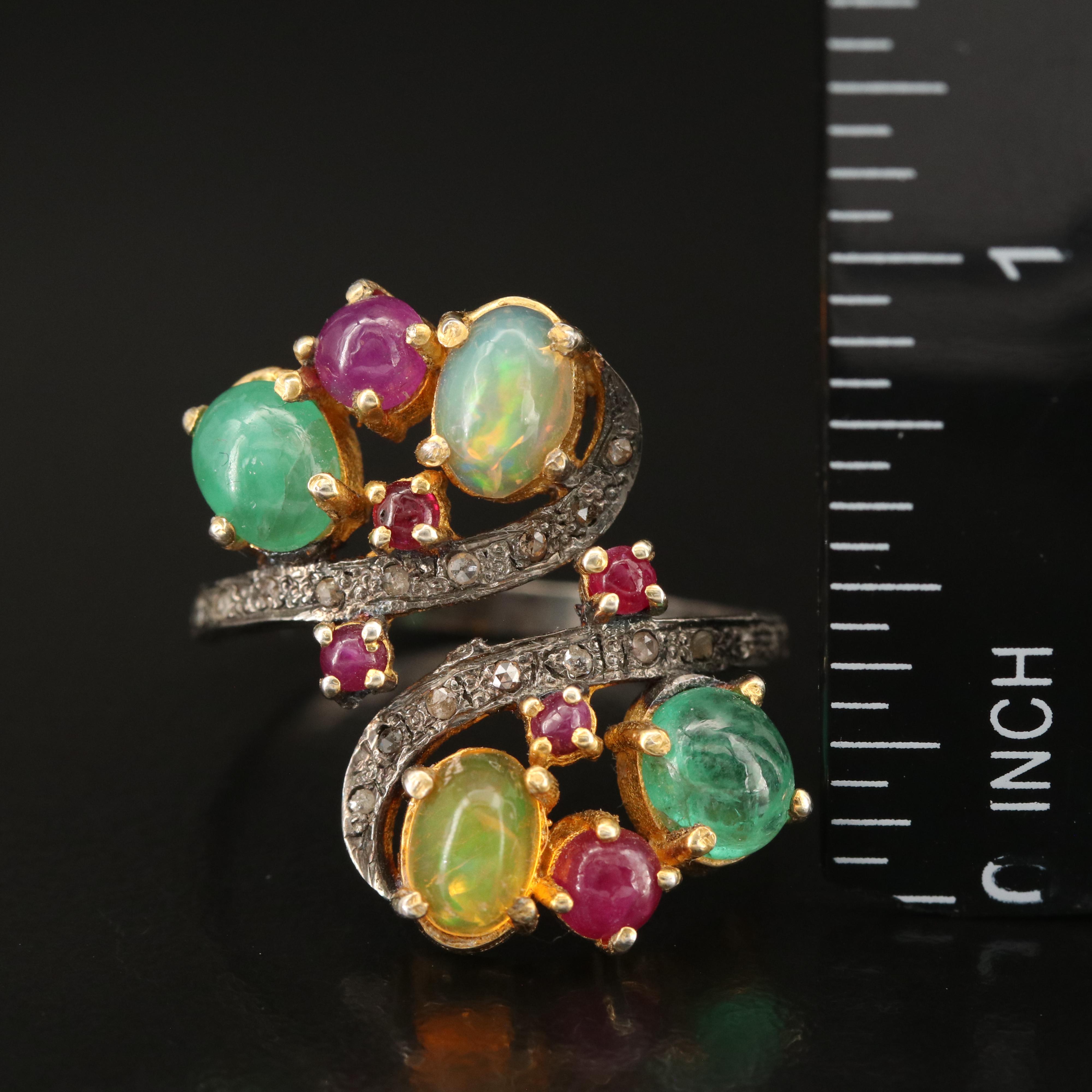 Sterling Opal, Emerald and Diamond Bypass Ring