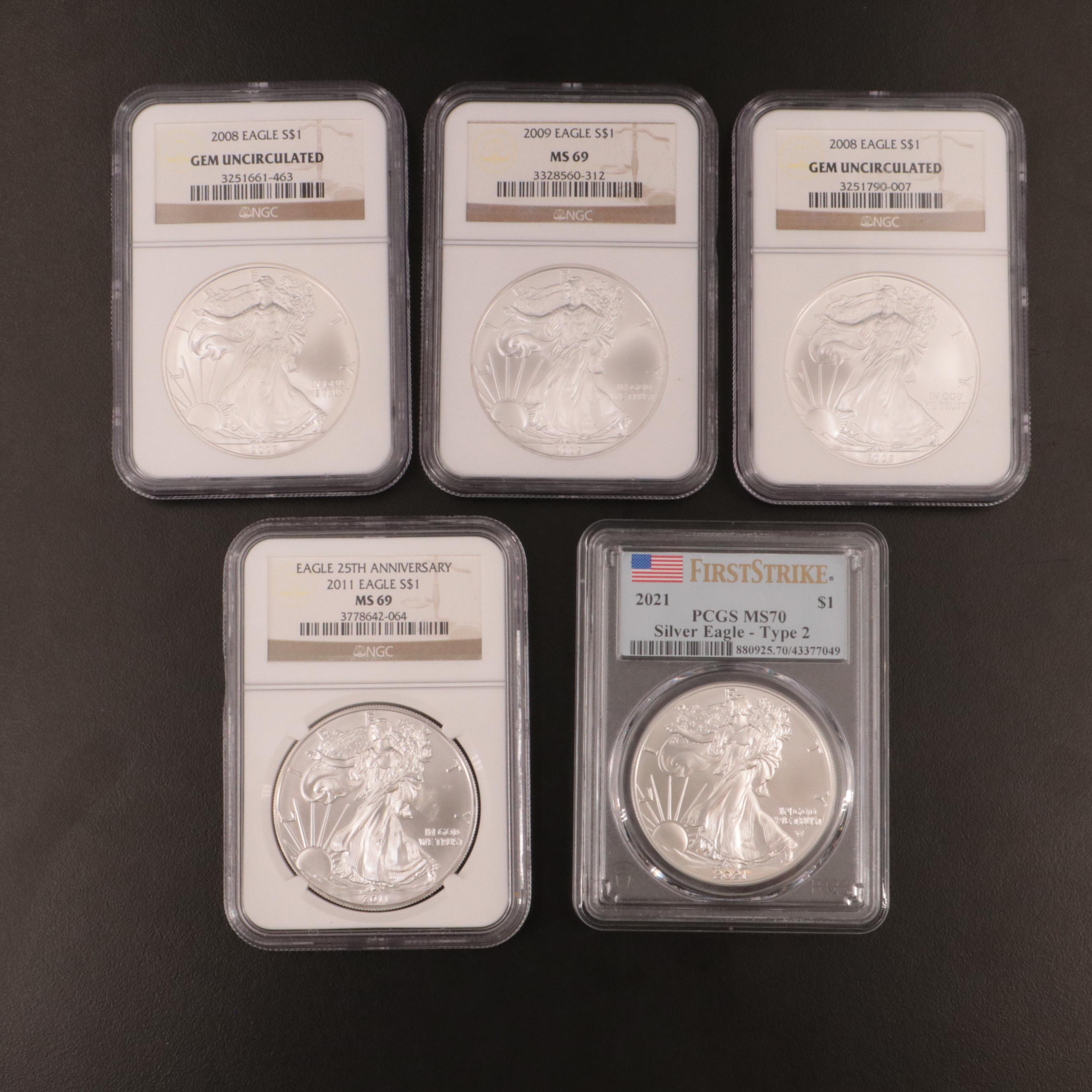 Group of Five NGC and PCGS Certified American Silver Eagles