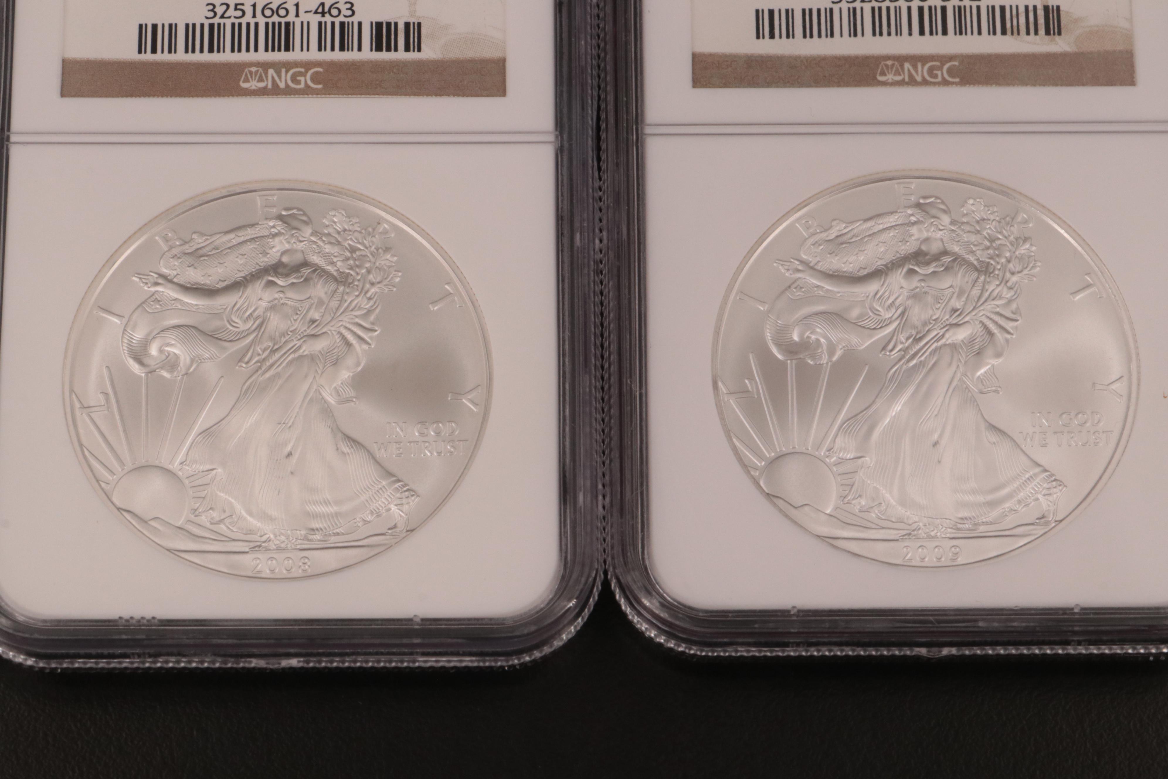 Group of Five NGC and PCGS Certified American Silver Eagles
