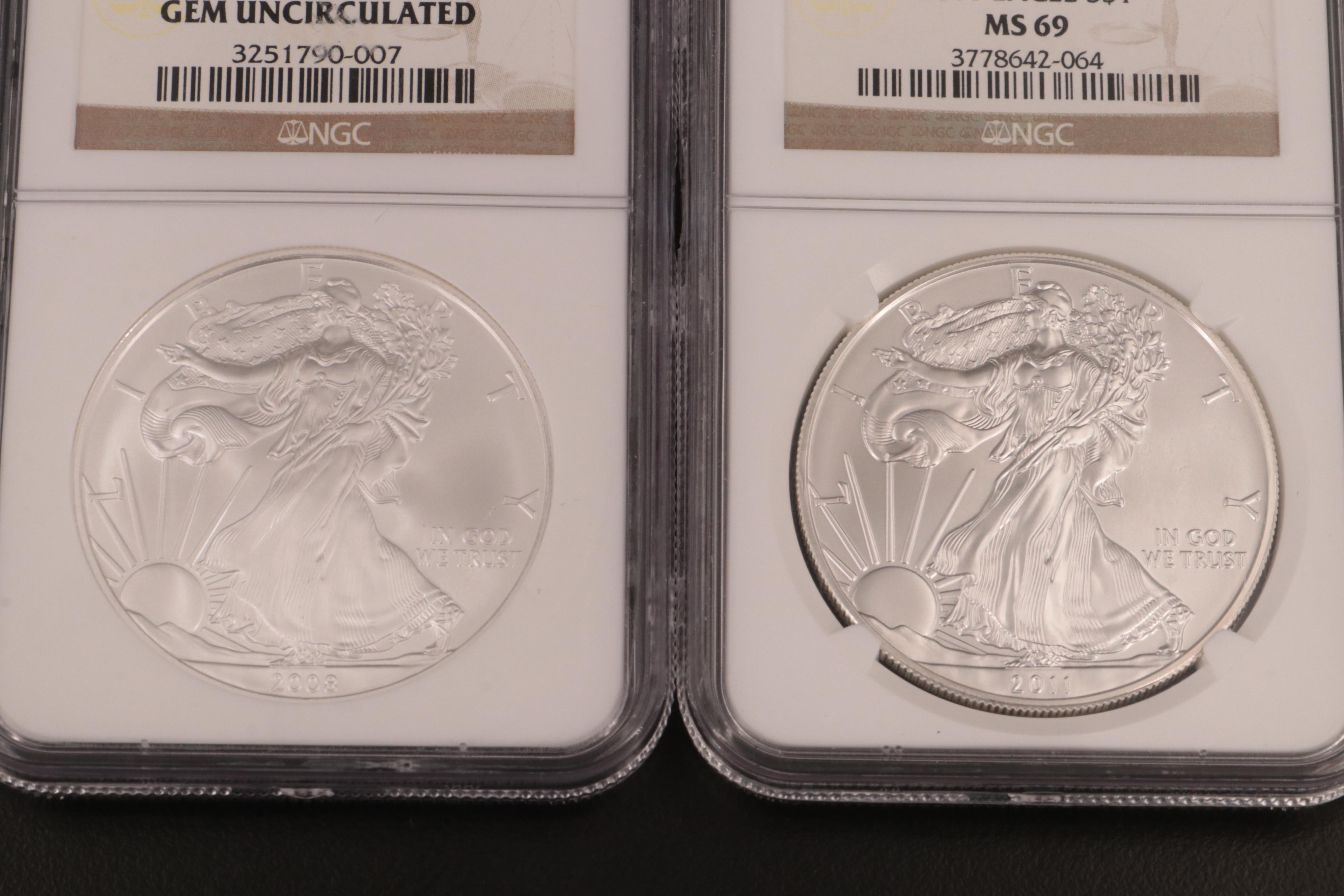 Group of Five NGC and PCGS Certified American Silver Eagles