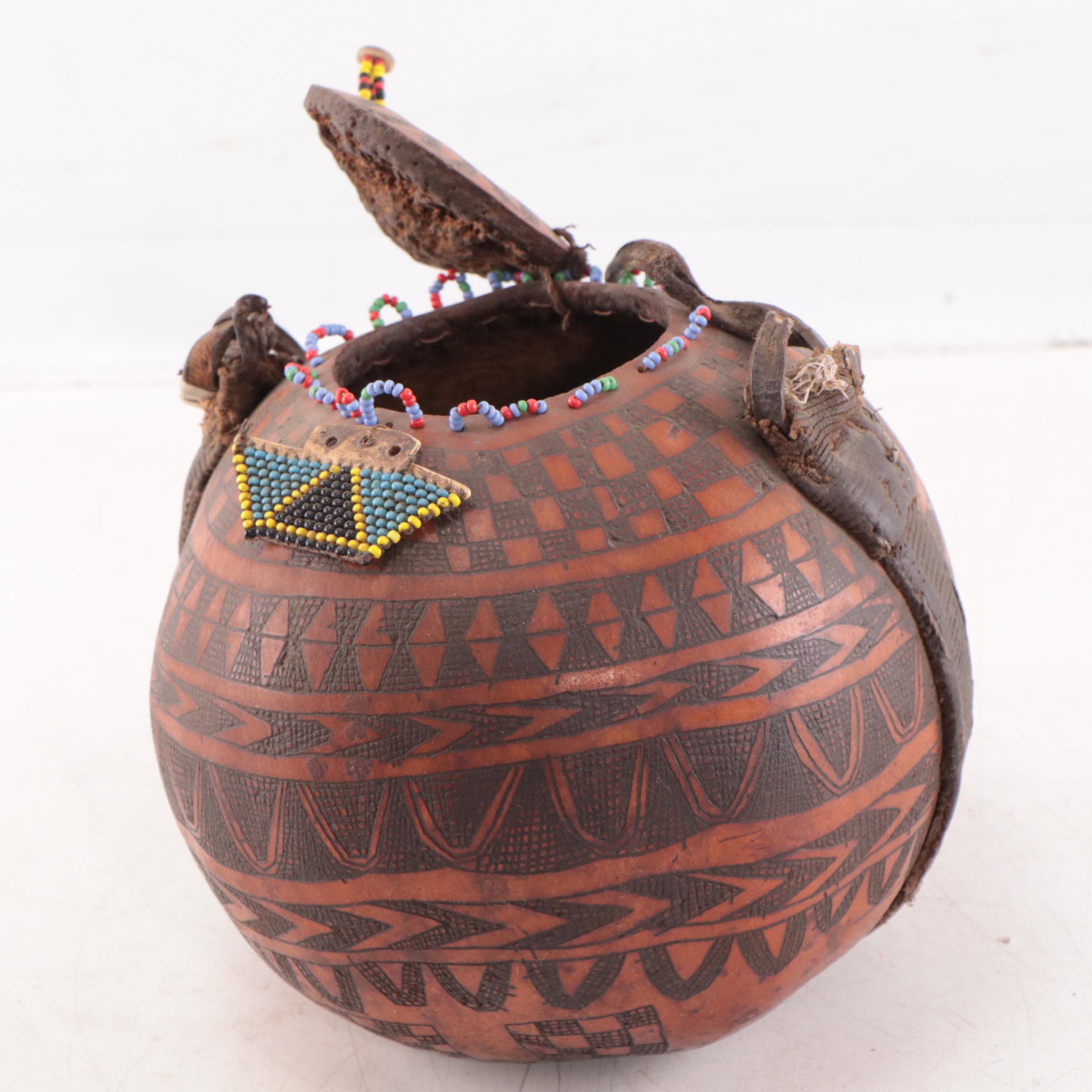 Southeast Asian Beaded and Hand-Carved Wooden Lidded Vessel