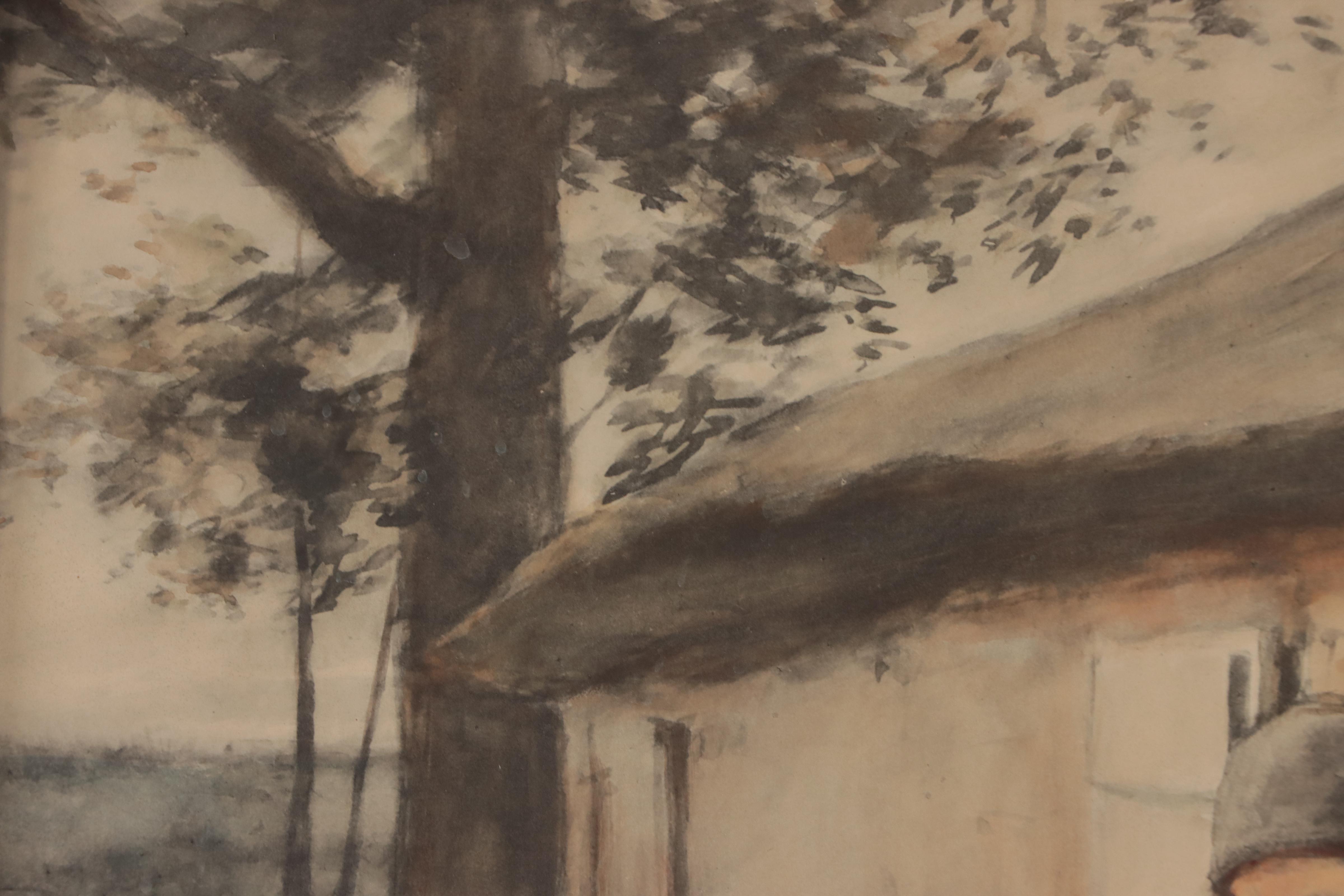 Watercolor Painting of Woman Leaning Against Building