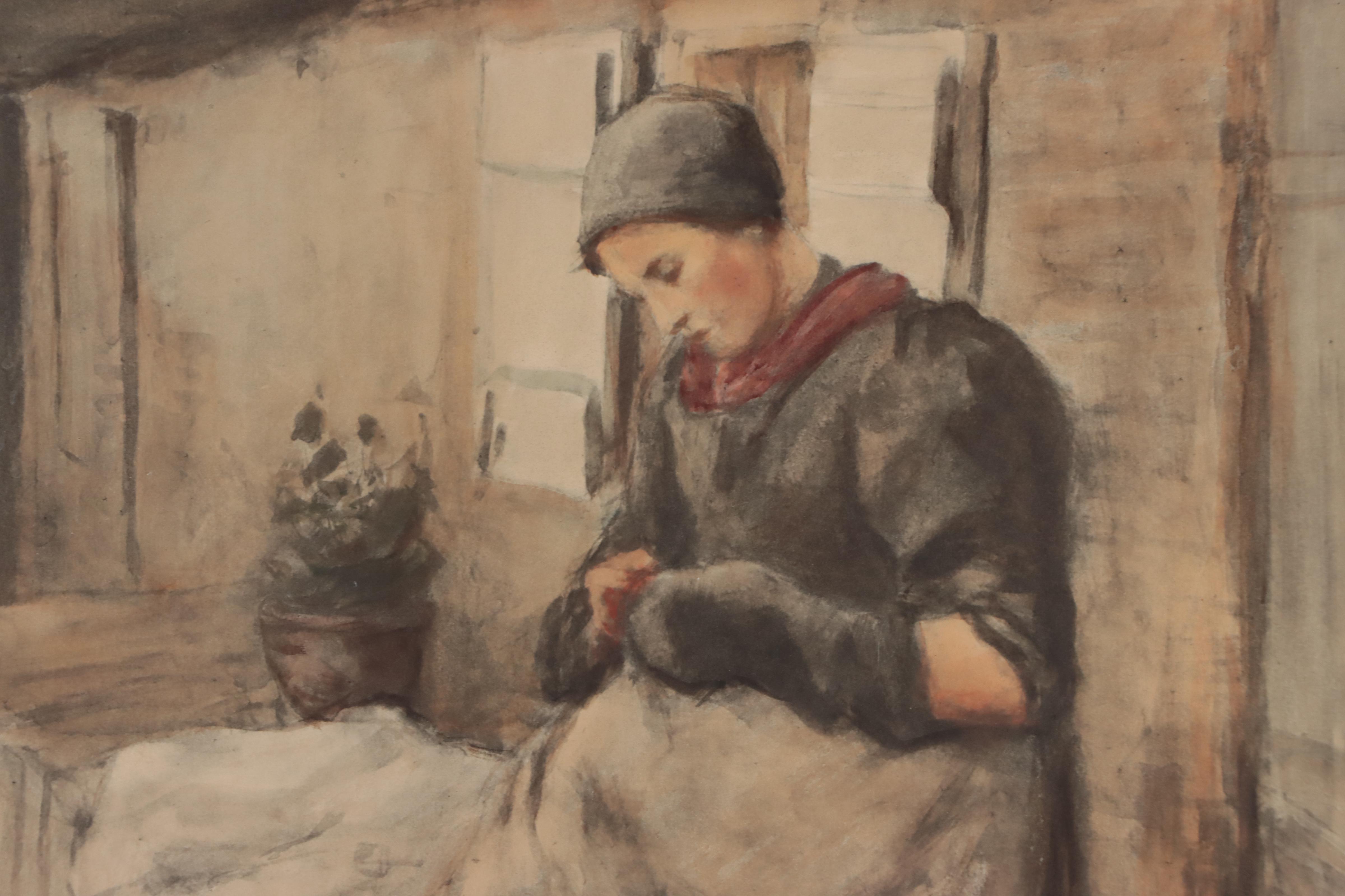 Watercolor Painting of Woman Leaning Against Building