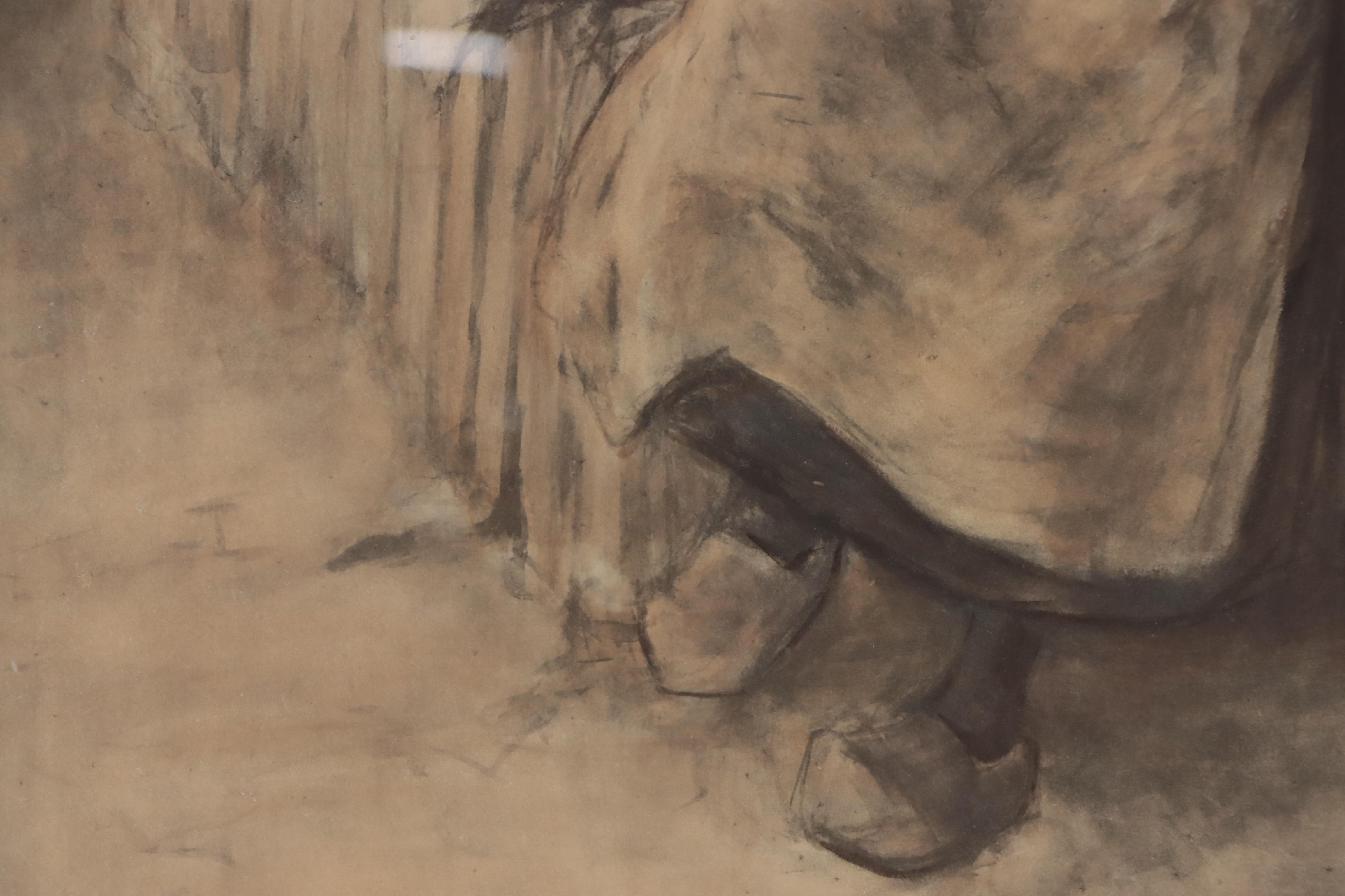 Watercolor Painting of Woman Leaning Against Building