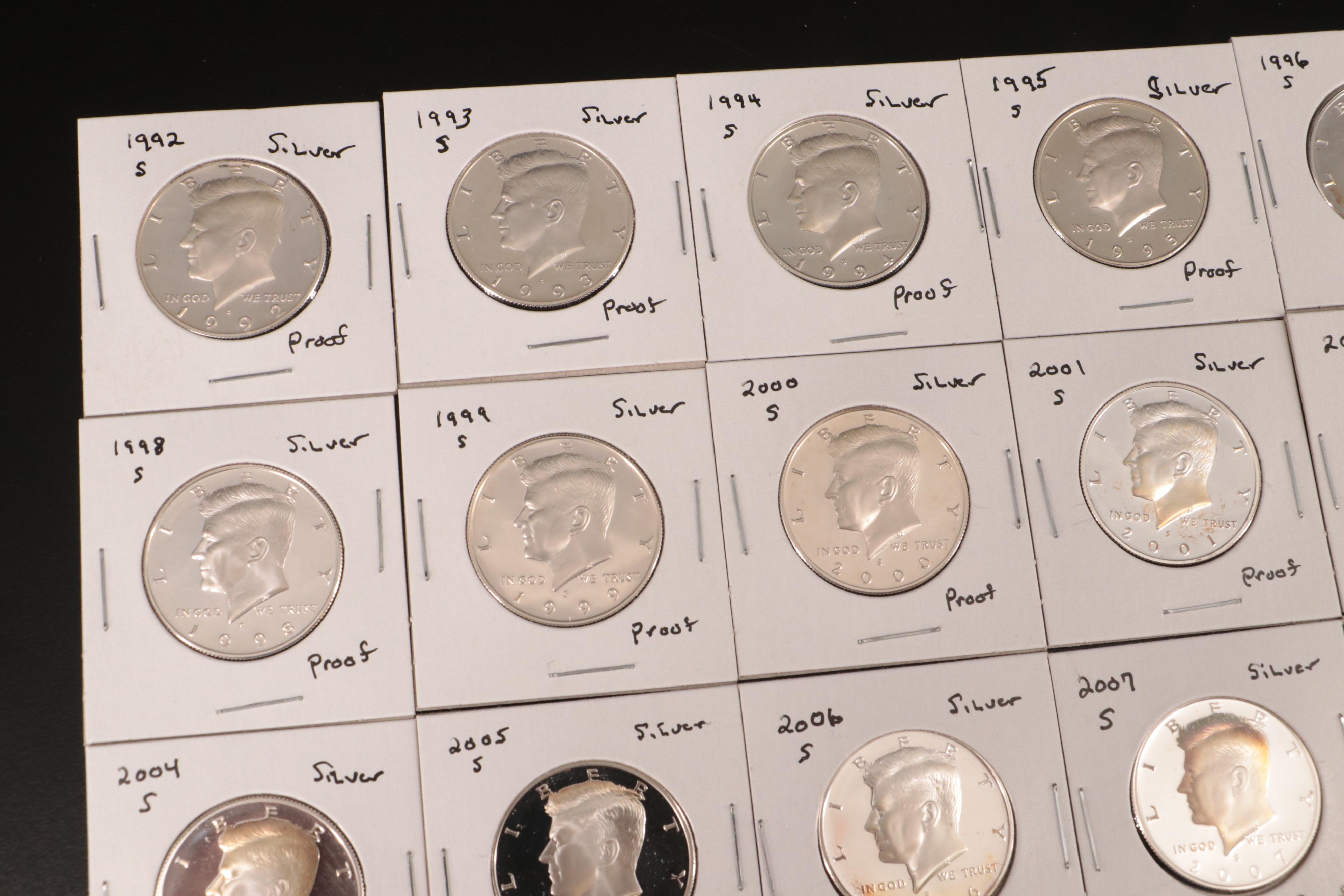 Twenty-Three Kennedy Silver Proof Half Dollars, 1992-S to 2014-S