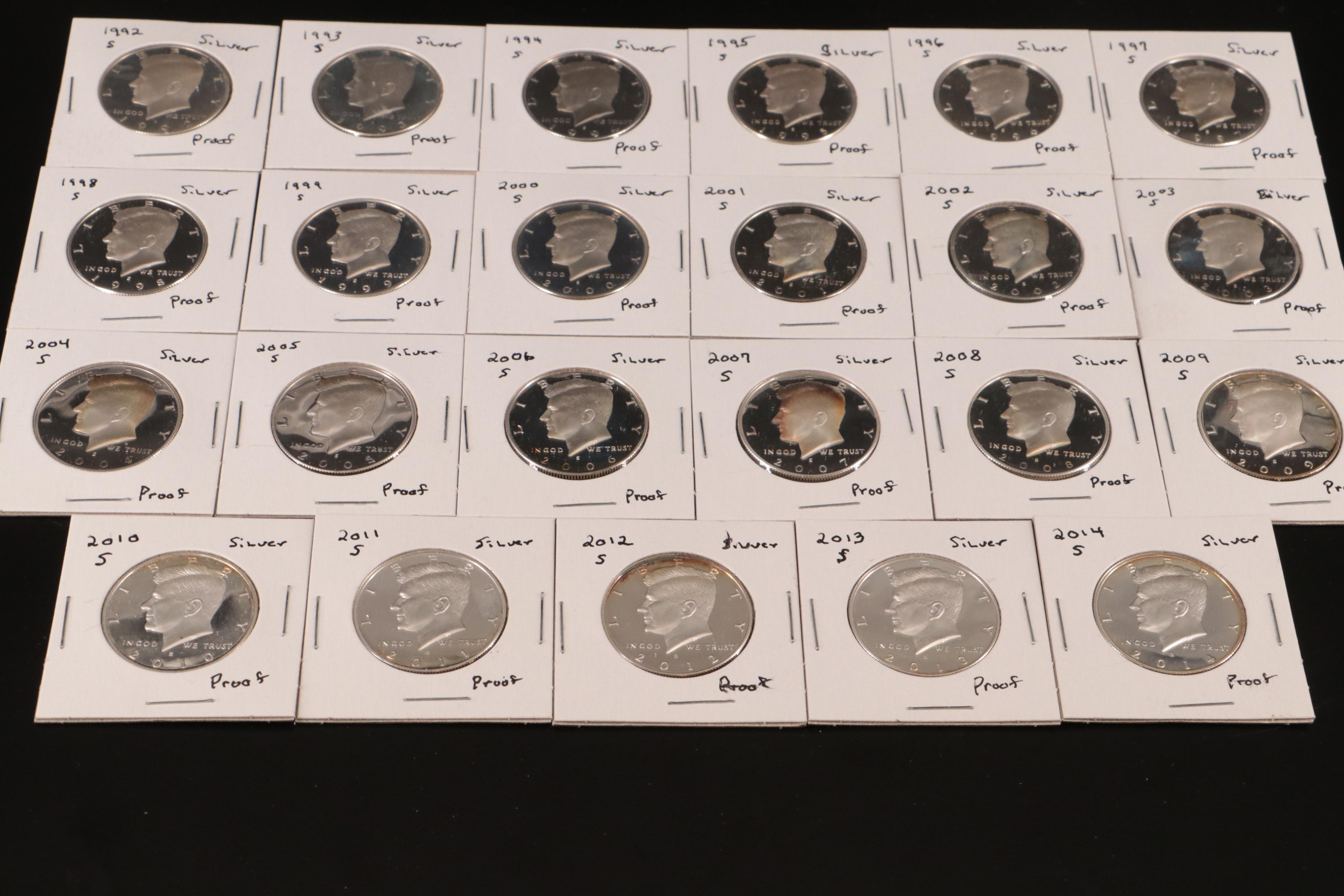 Twenty-Three Kennedy Silver Proof Half Dollars, 1992-S to 2014-S