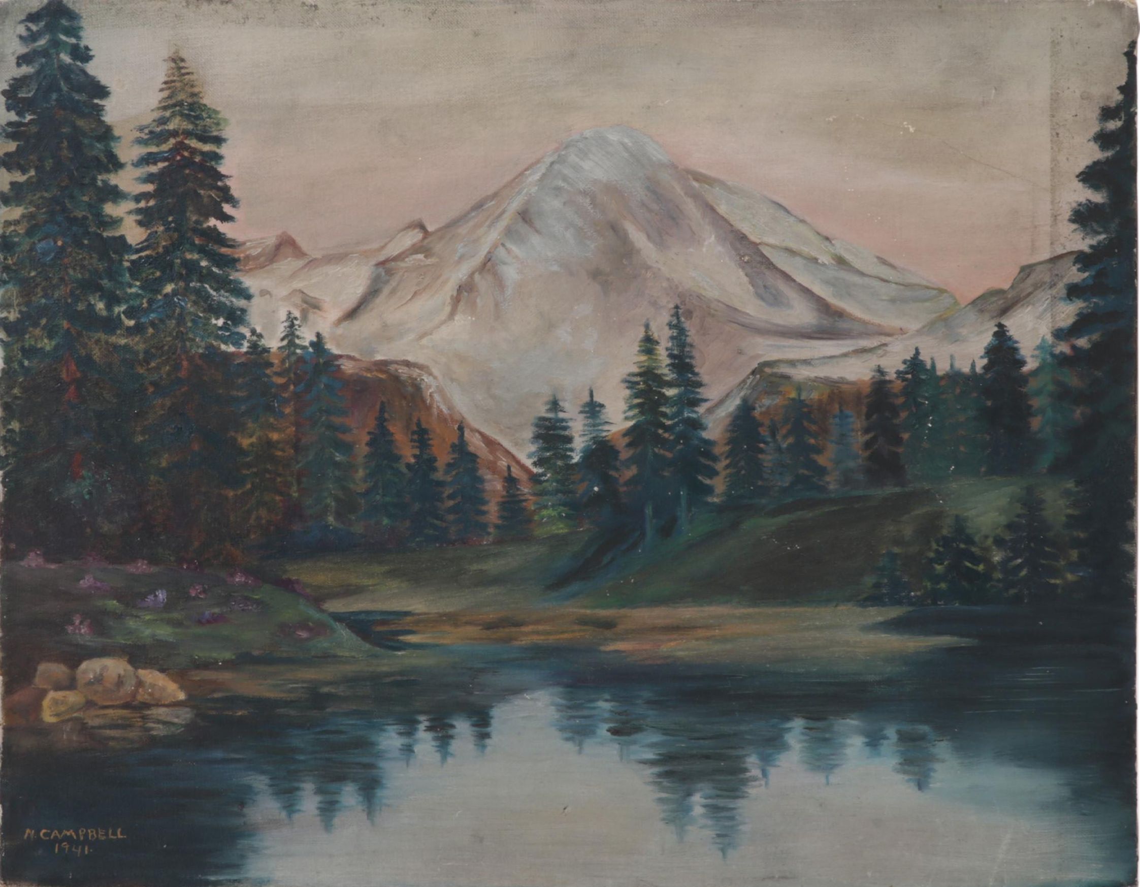N. Campbell Landscape Oil Painting of Mountain Valley Lake, 1941