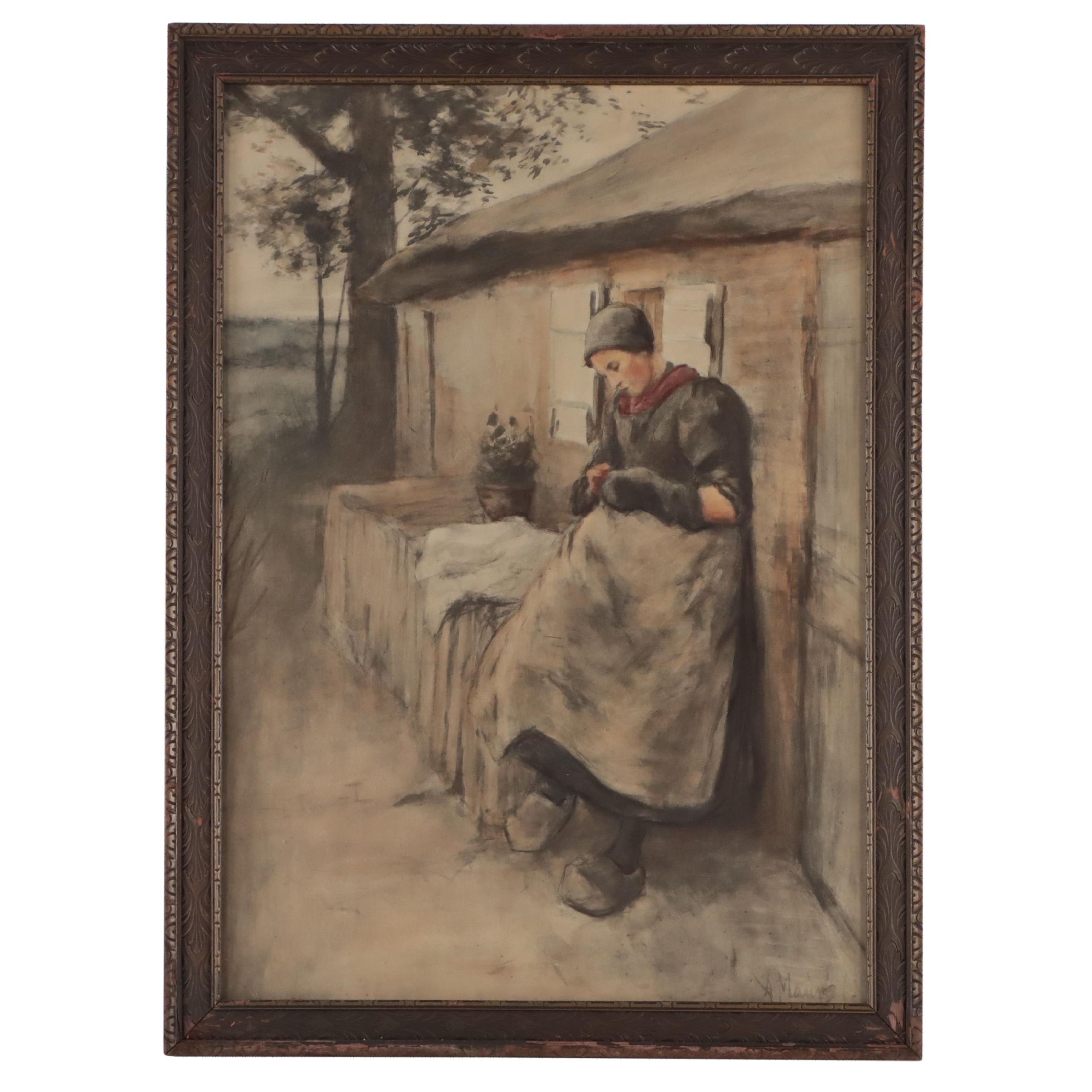 Watercolor Painting of Woman Leaning Against Building